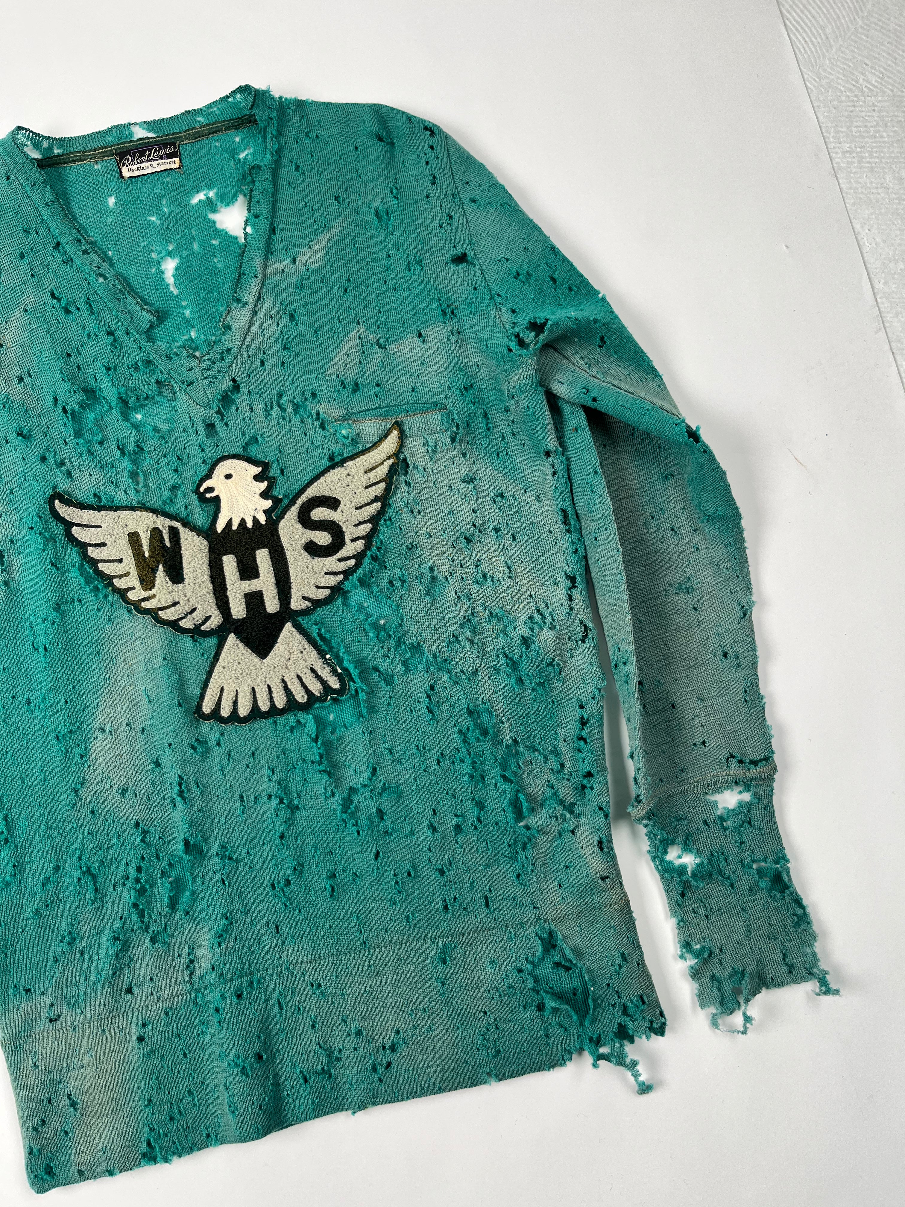 1930s Thrashed & Faded Athletics Knit Sweater with Chenille Patch - Jade Green/Blue-Green - M/L