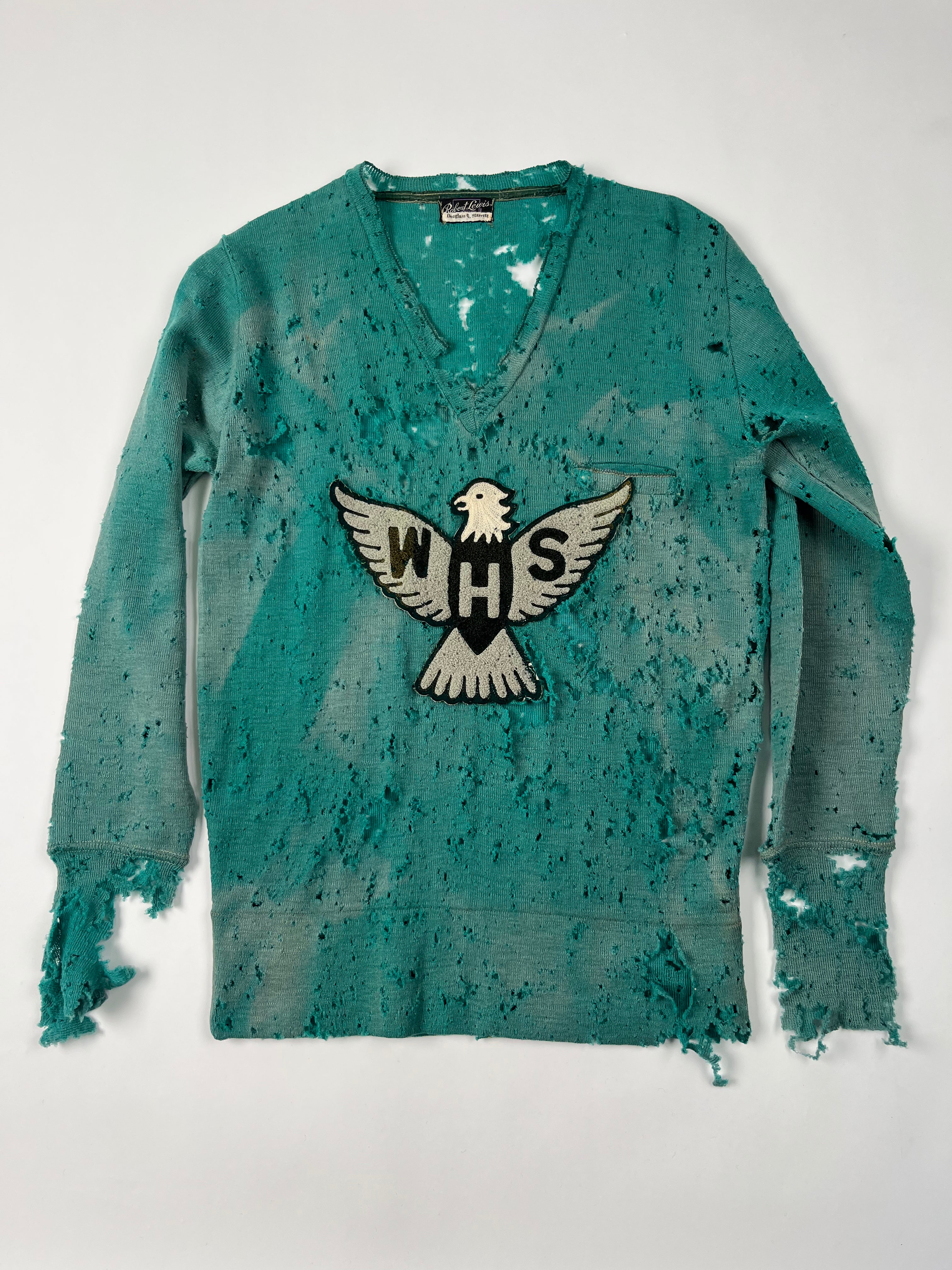 1930s Thrashed & Faded Athletics Knit Sweater with Chenille Patch - Jade Green/Blue-Green - M/L