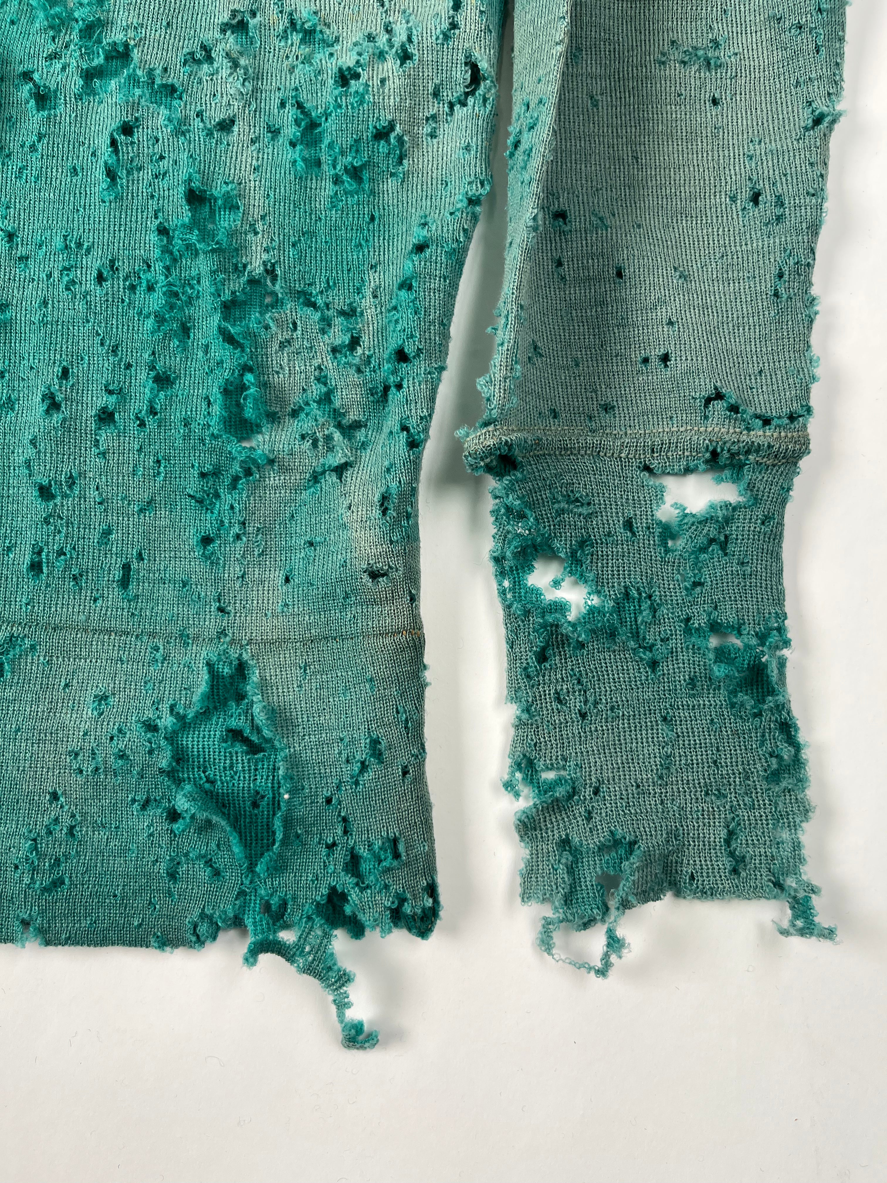 1930s Thrashed & Faded Athletics Knit Sweater with Chenille Patch - Jade Green/Blue-Green - M/L