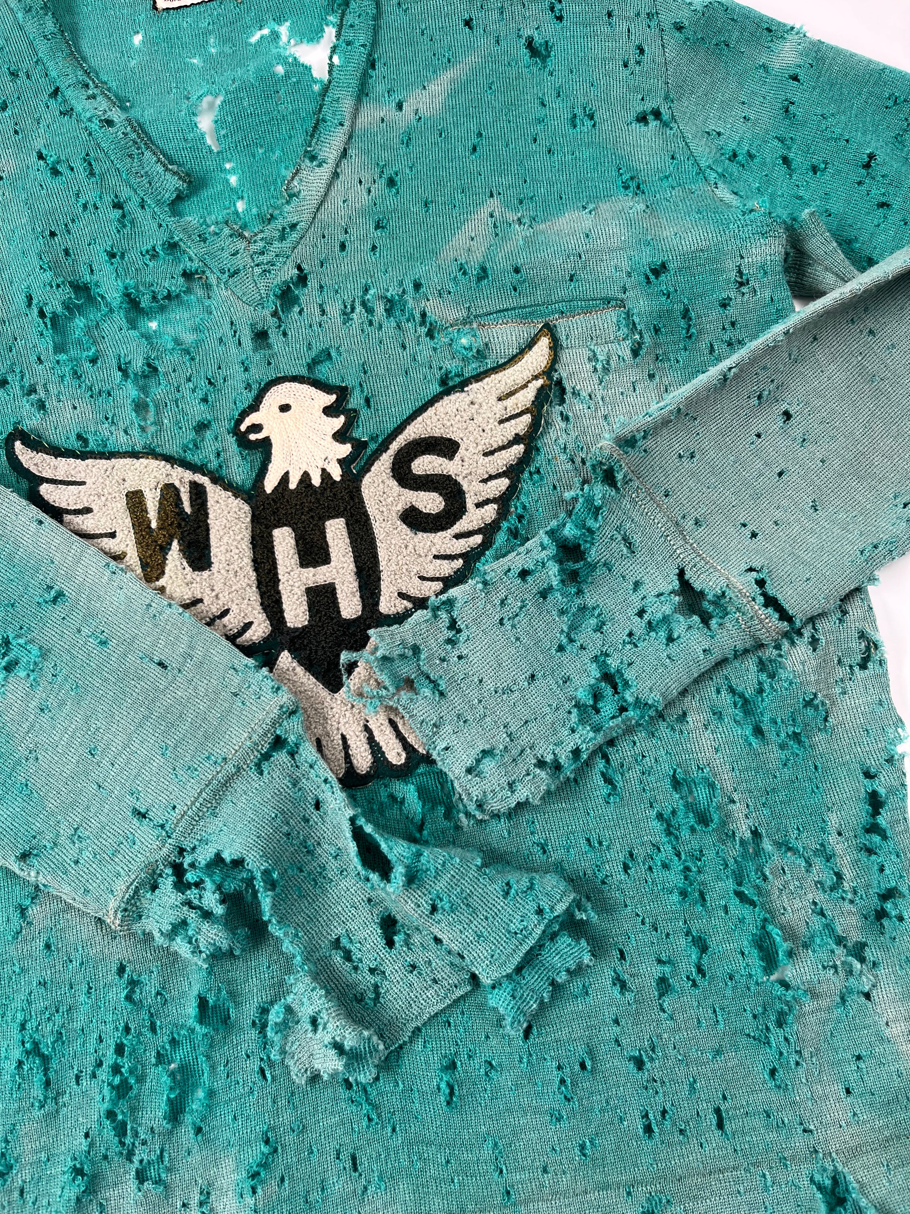 1930s Thrashed & Faded Athletics Knit Sweater with Chenille Patch - Jade Green/Blue-Green - M/L