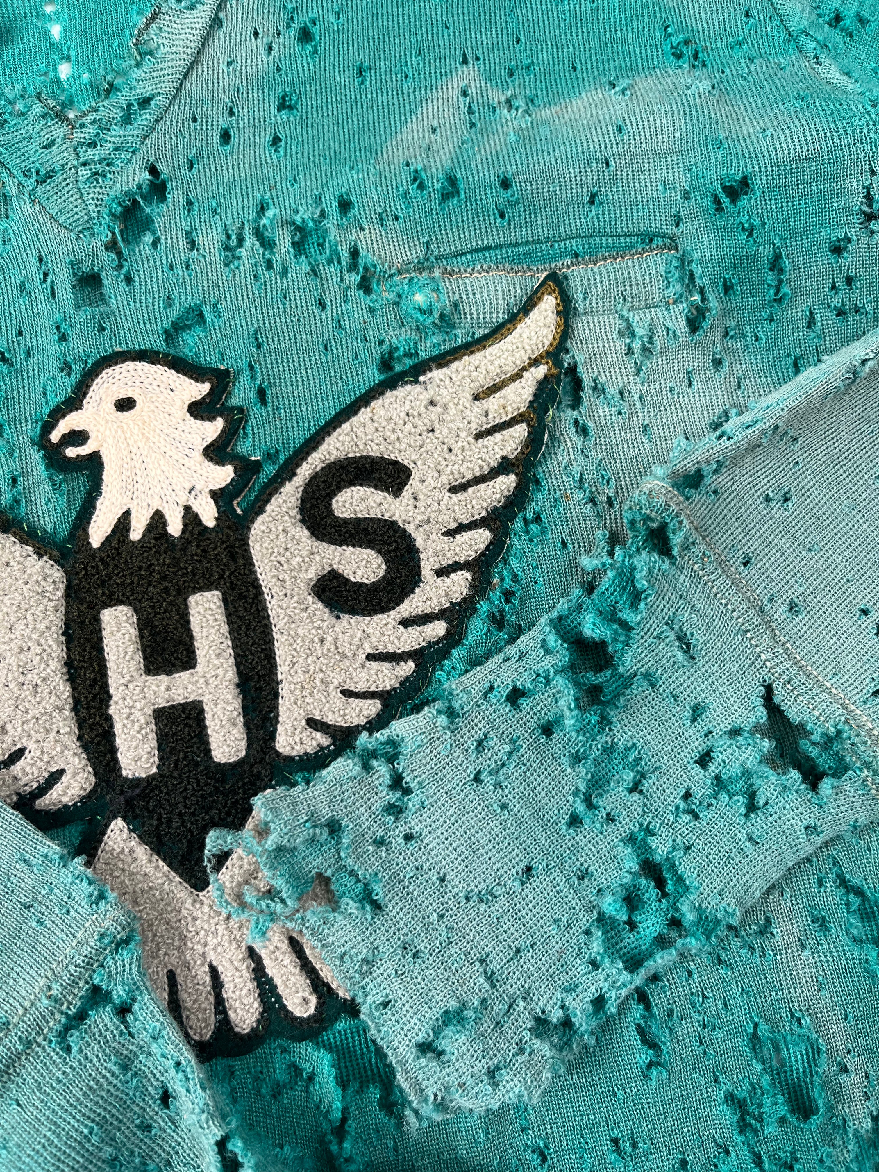 1930s Thrashed & Faded Athletics Knit Sweater with Chenille Patch - Jade Green/Blue-Green - M/L