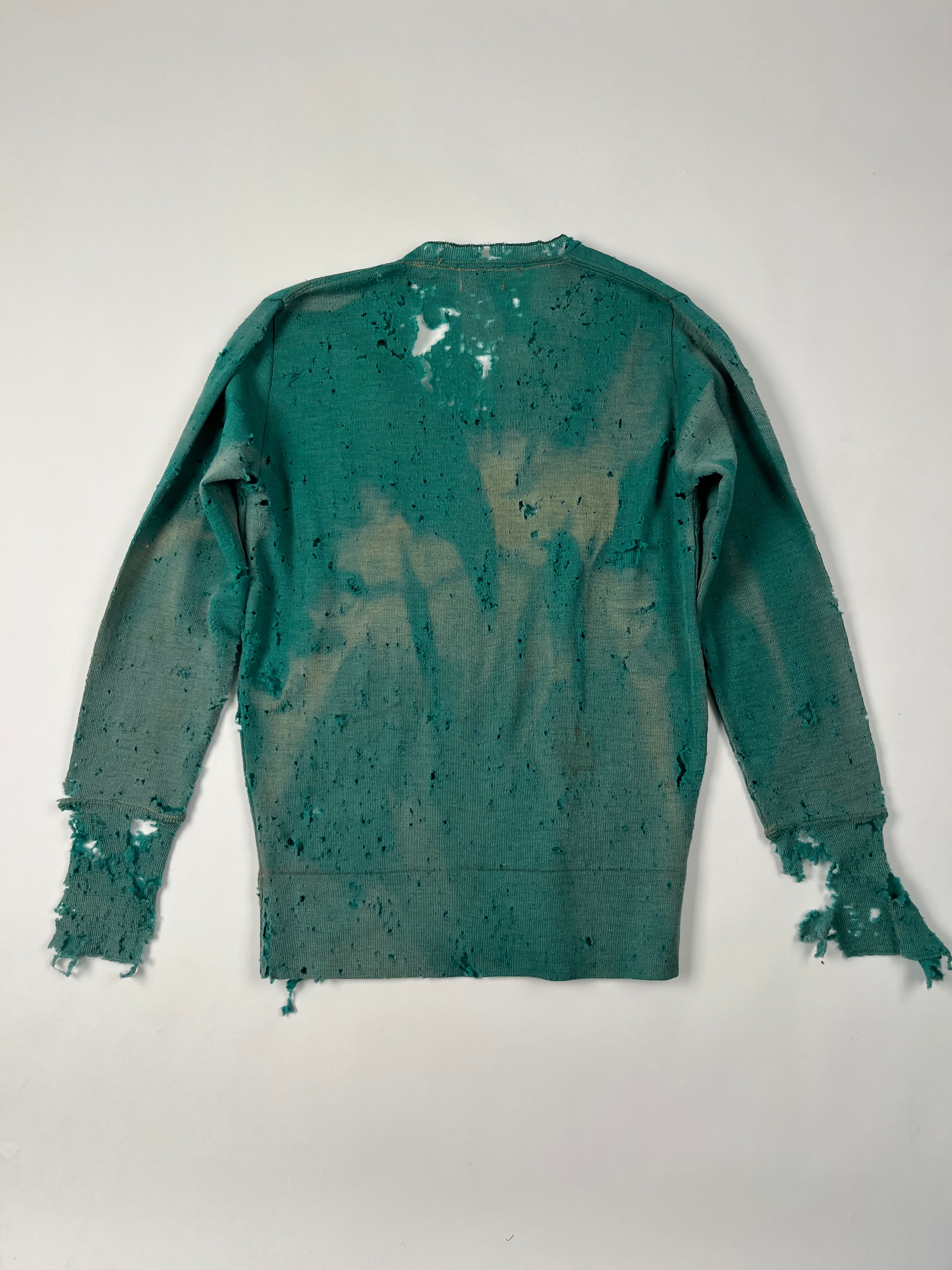1930s Thrashed & Faded Athletics Knit Sweater with Chenille Patch - Jade Green/Blue-Green - M/L