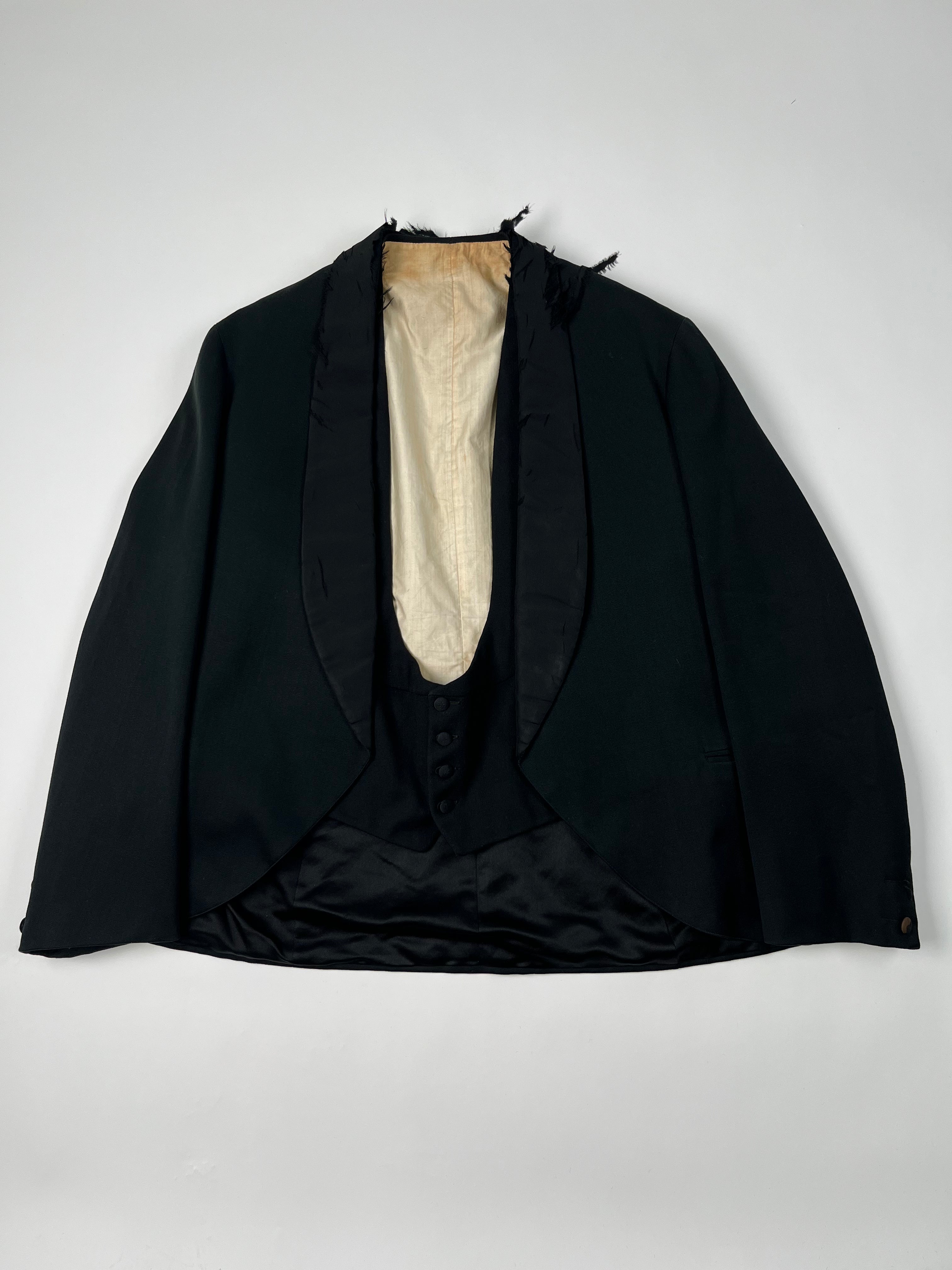 1910s Heidelberg, Wolff & Co. Distressed Black Satin Dress Jacket & Vest Set - Black - 38R