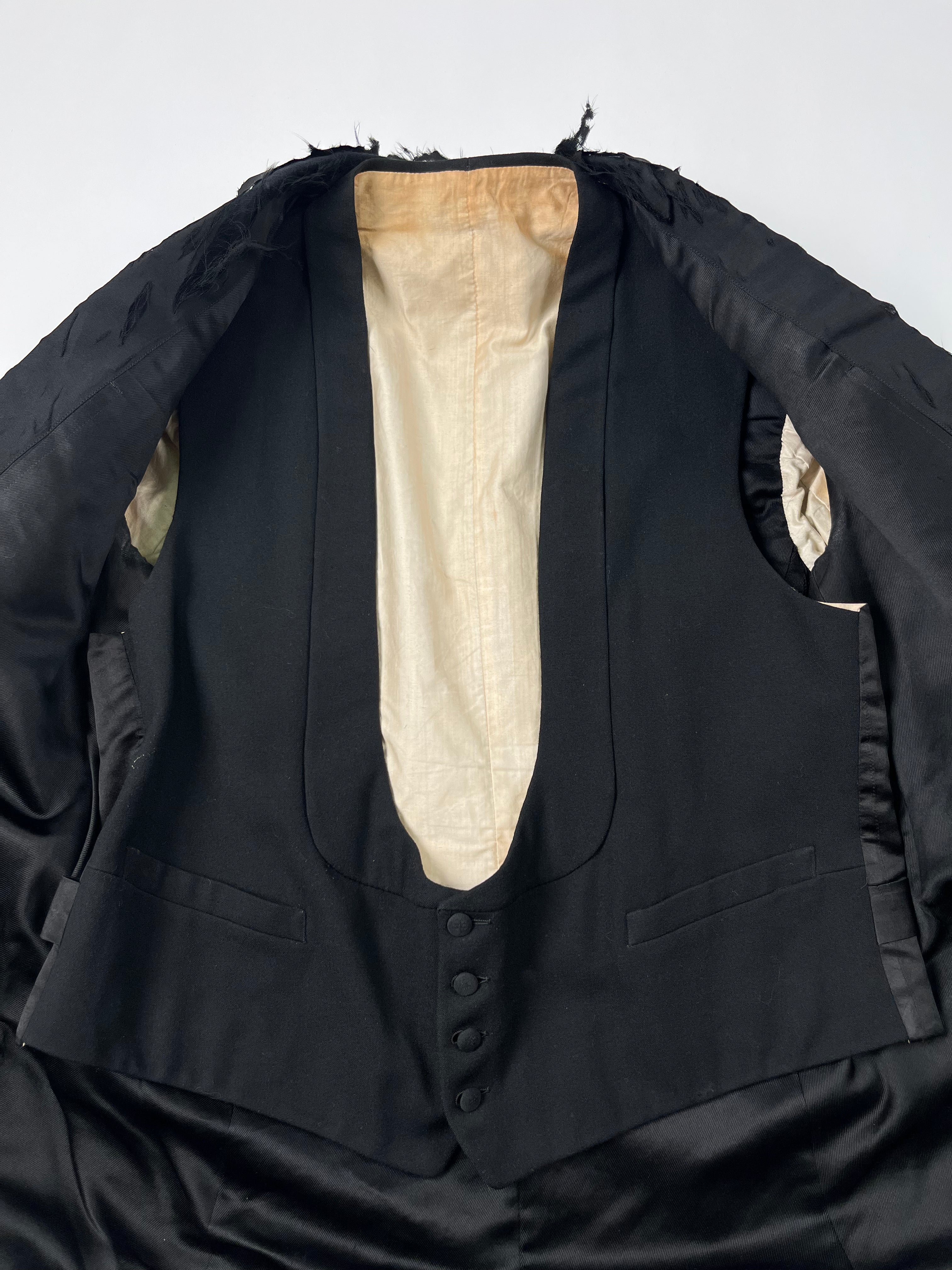 1910s Heidelberg, Wolff & Co. Distressed Black Satin Dress Jacket & Vest Set - Black - 38R