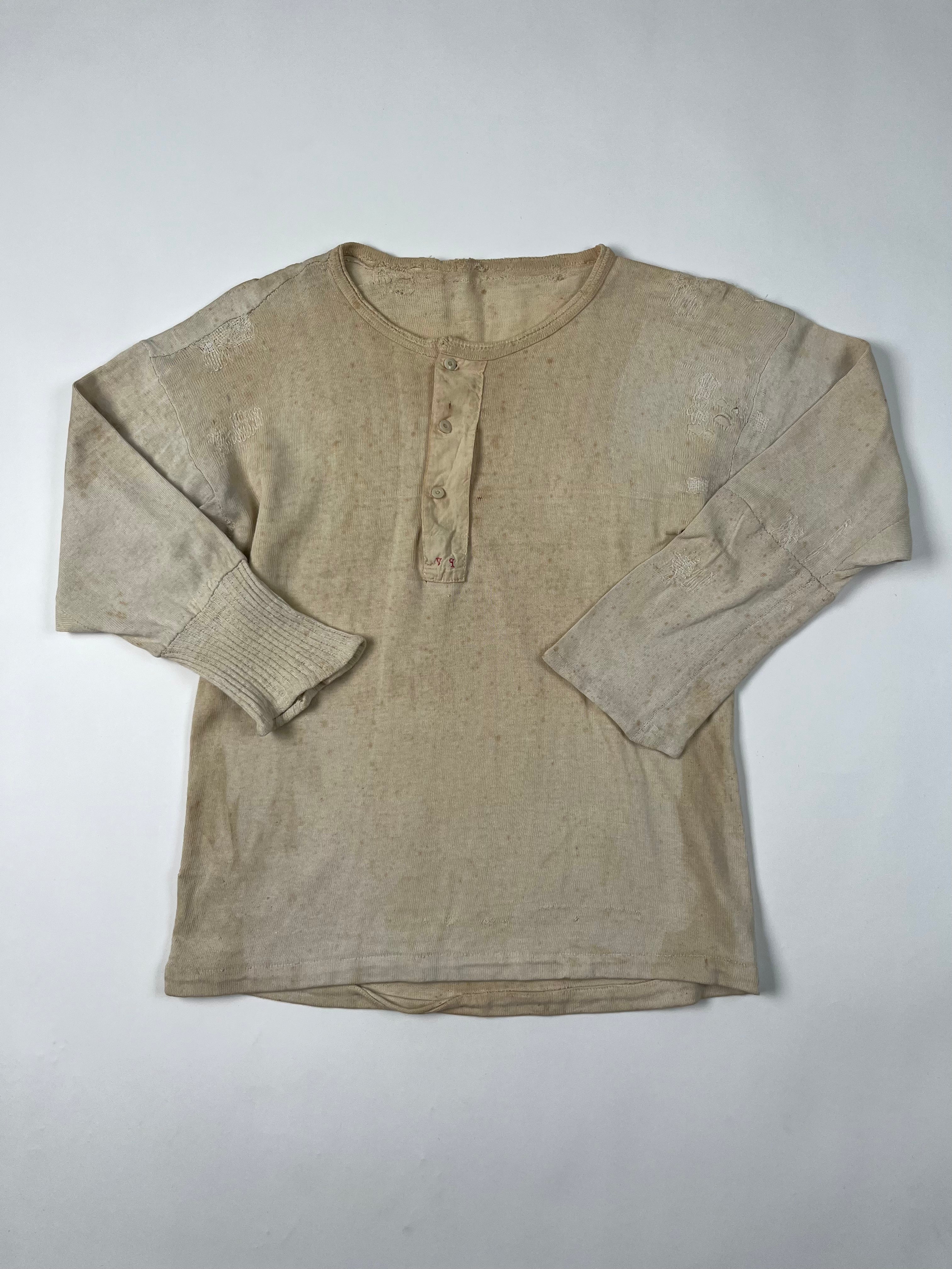 1920/30s French Henley Shirt with Repairs & Monogram - Aged White - S