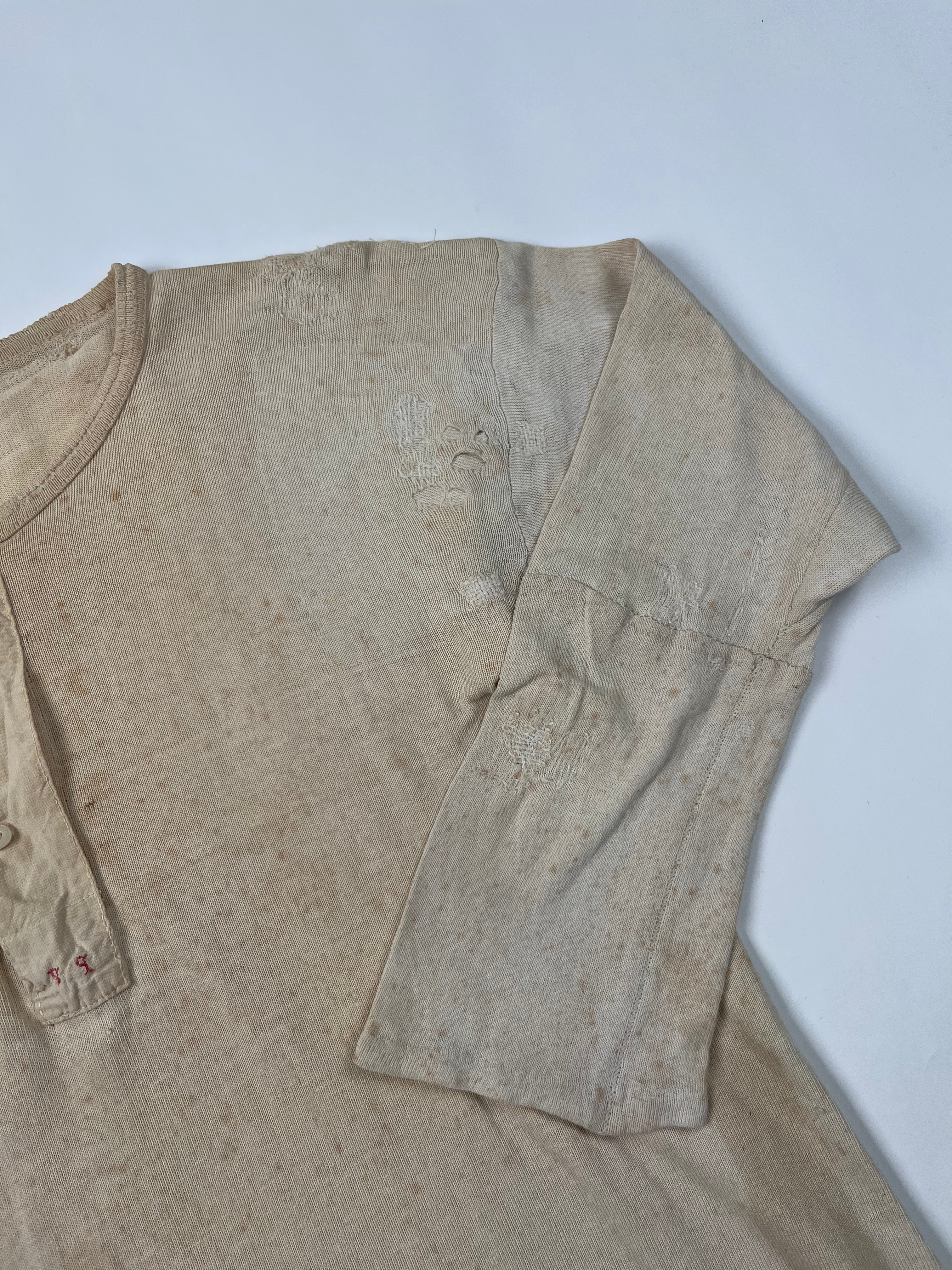 1920/30s French Henley Shirt with Repairs & Monogram - Aged White - S