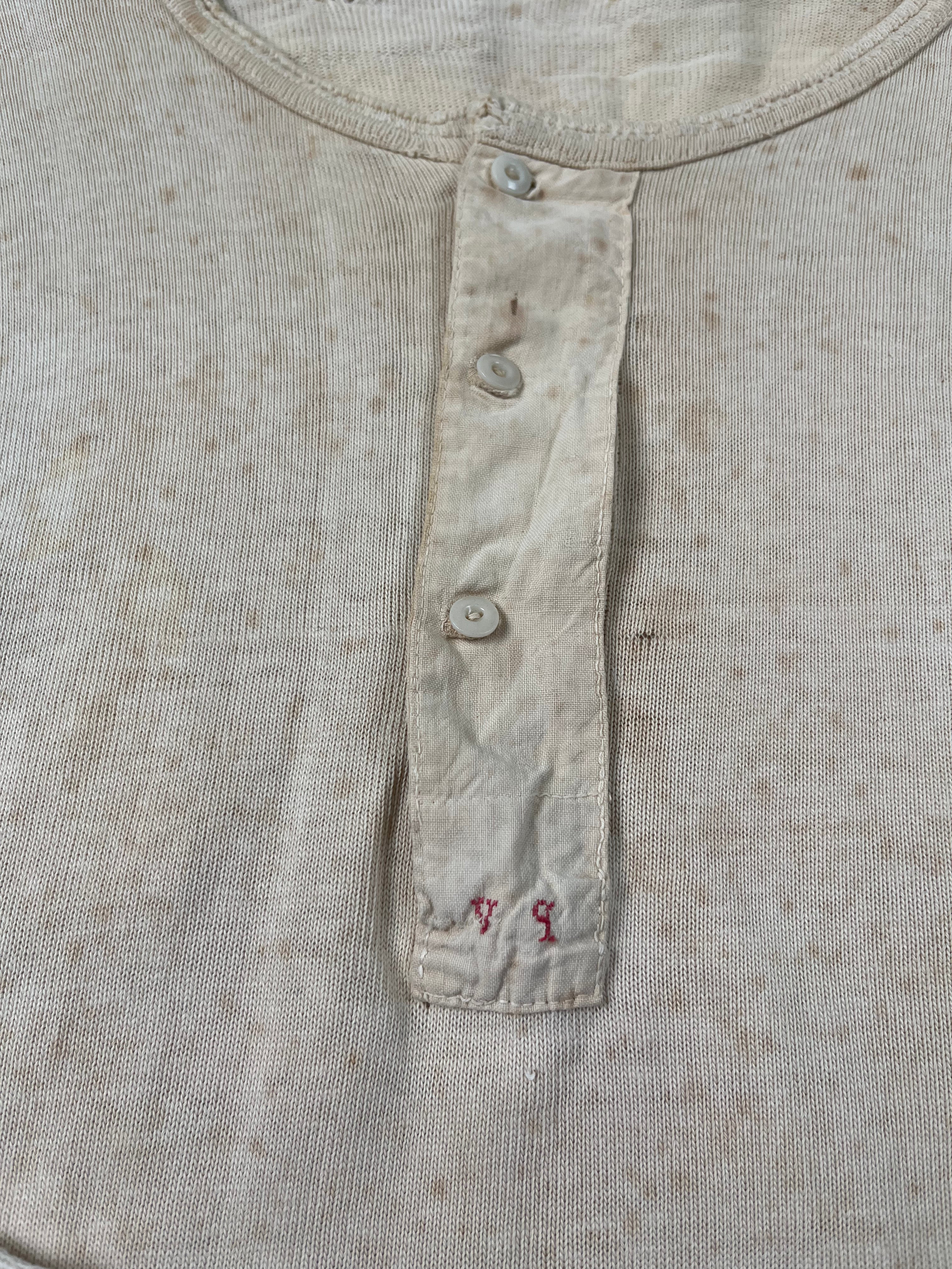 1920/30s French Henley Shirt with Repairs & Monogram - Aged White - S