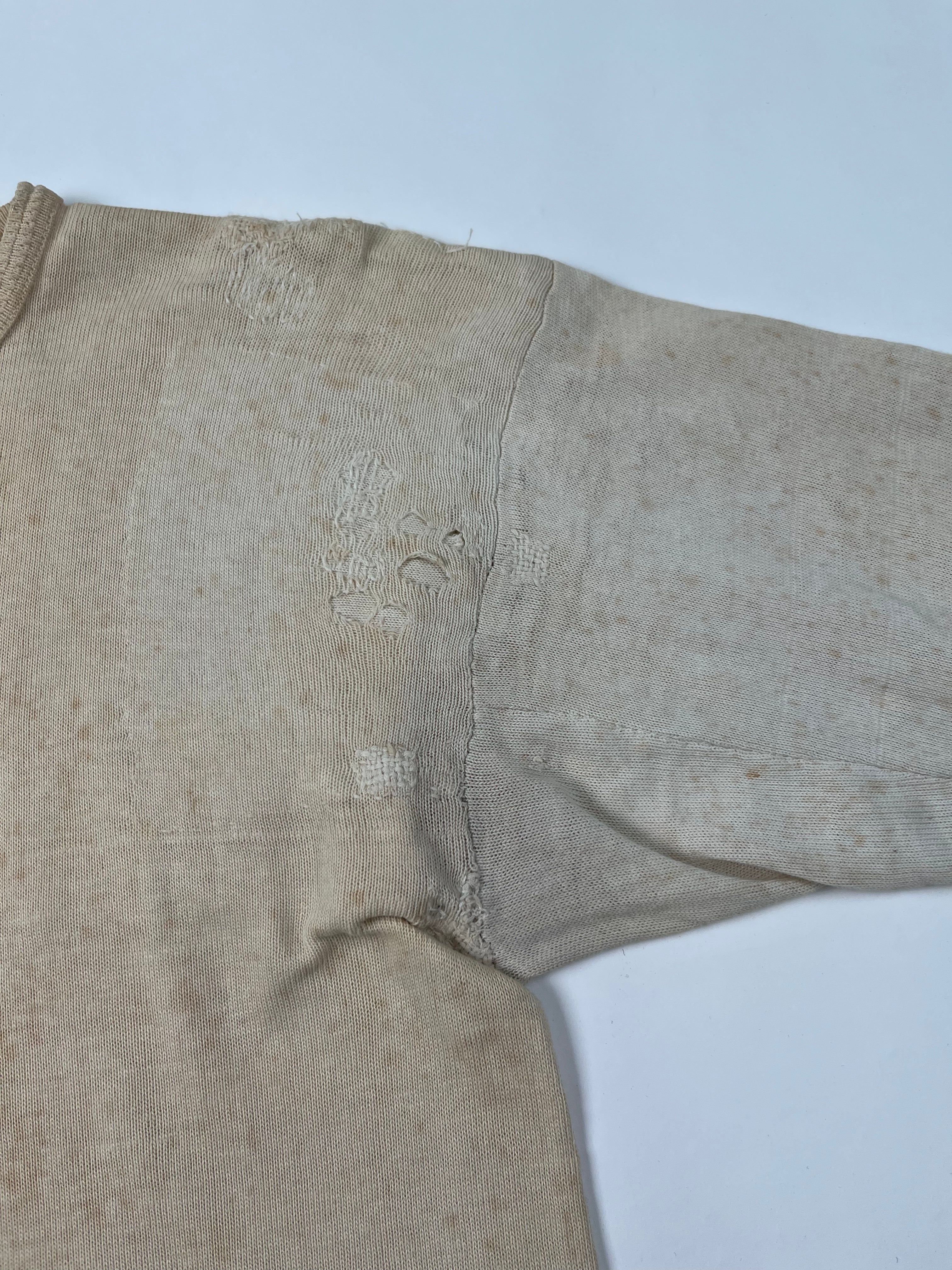 1920/30s French Henley Shirt with Repairs & Monogram - Aged White - S