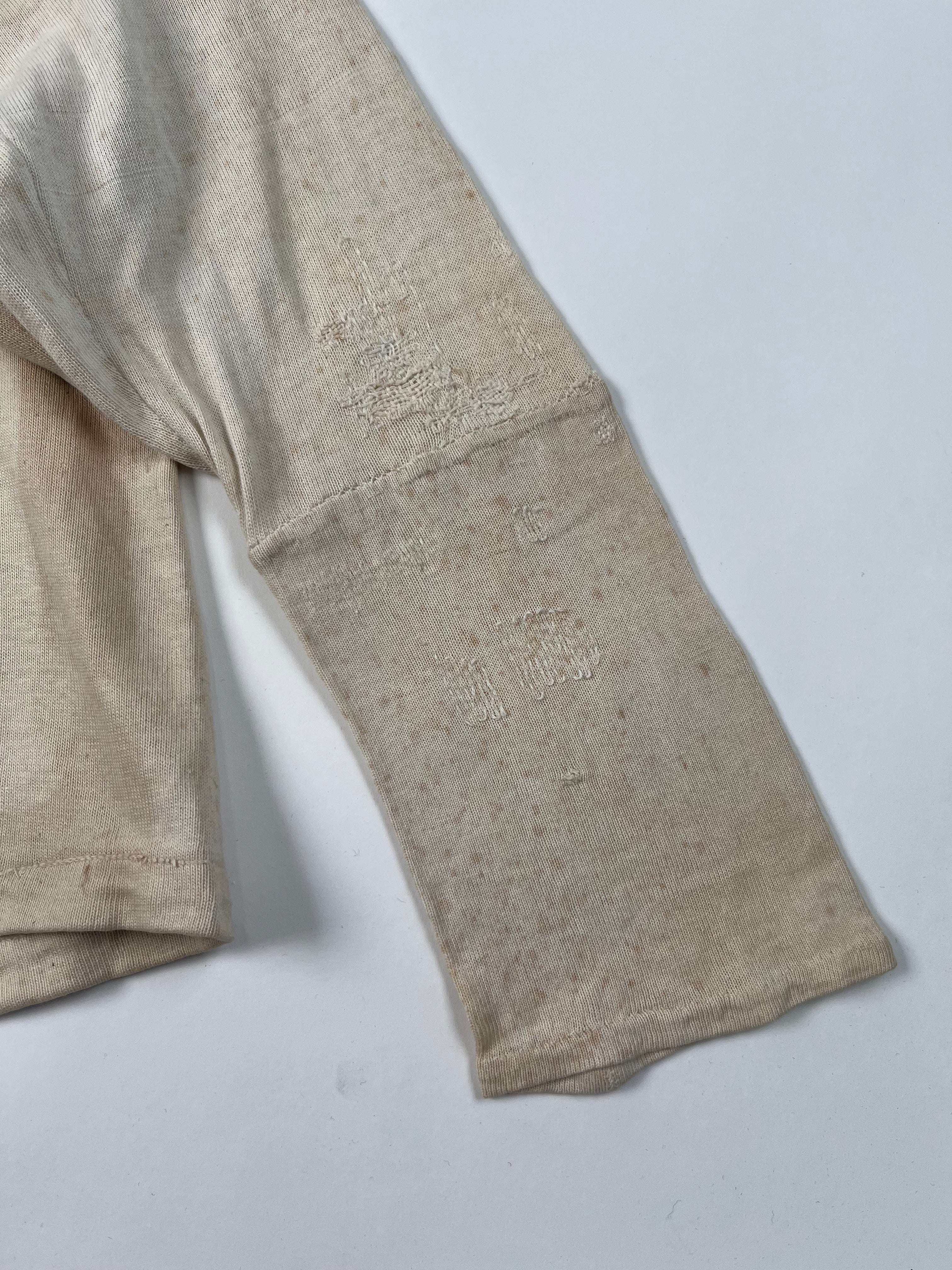 1920/30s French Henley Shirt with Repairs & Monogram - Aged White - S