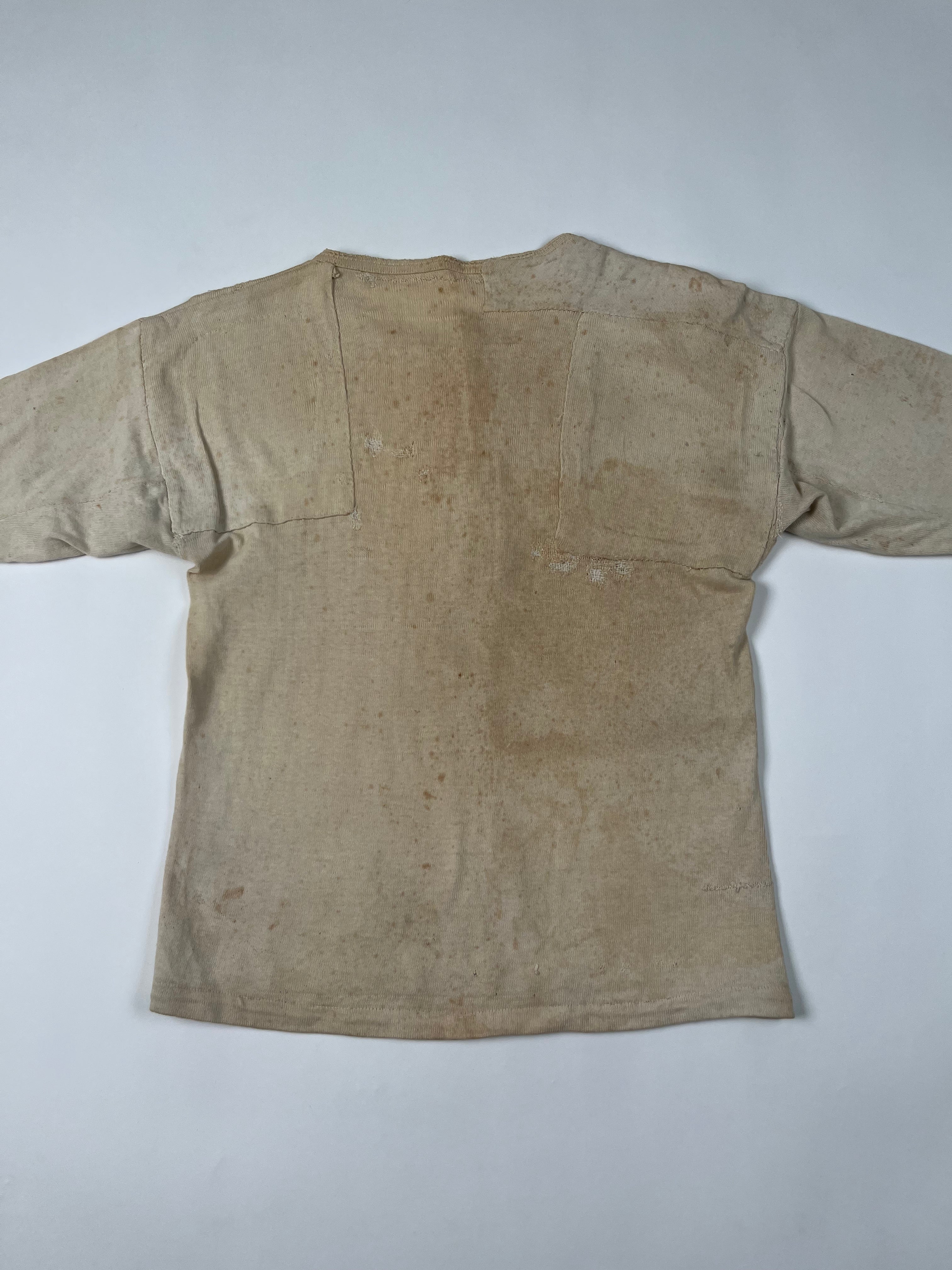 1920/30s French Henley Shirt with Repairs & Monogram - Aged White - S