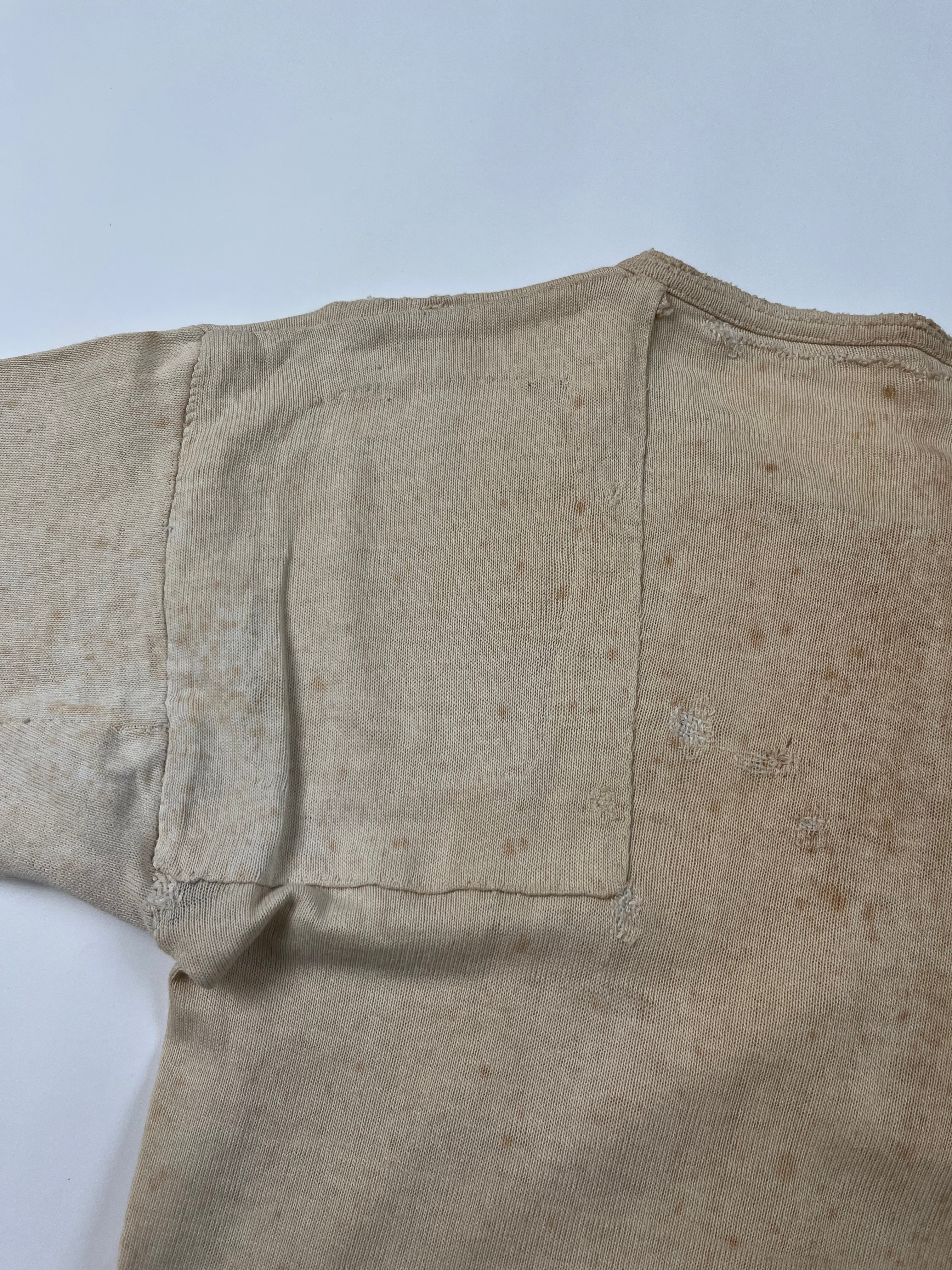 1920/30s French Henley Shirt with Repairs & Monogram - Aged White - S