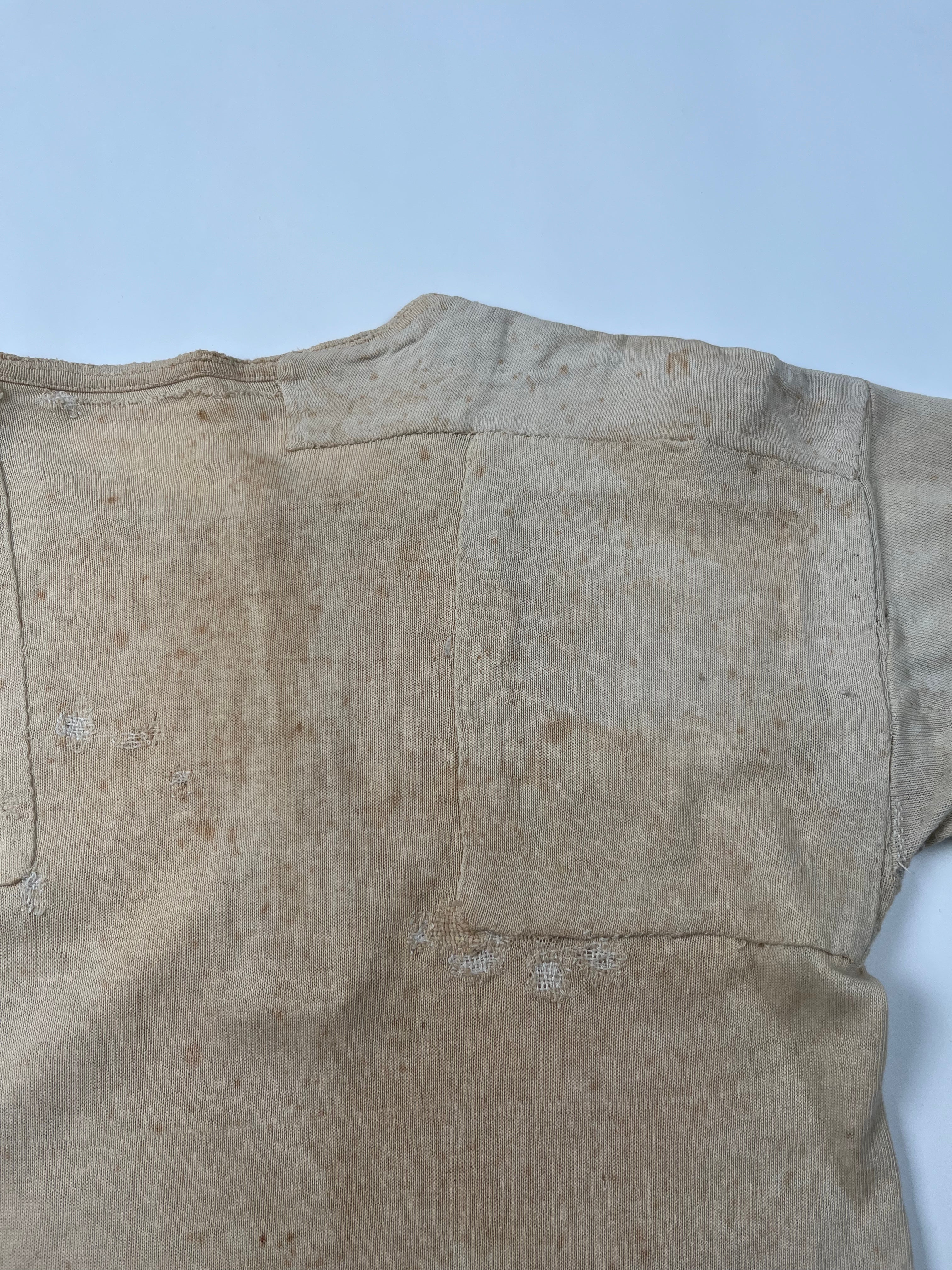 1920/30s French Henley Shirt with Repairs & Monogram - Aged White - S