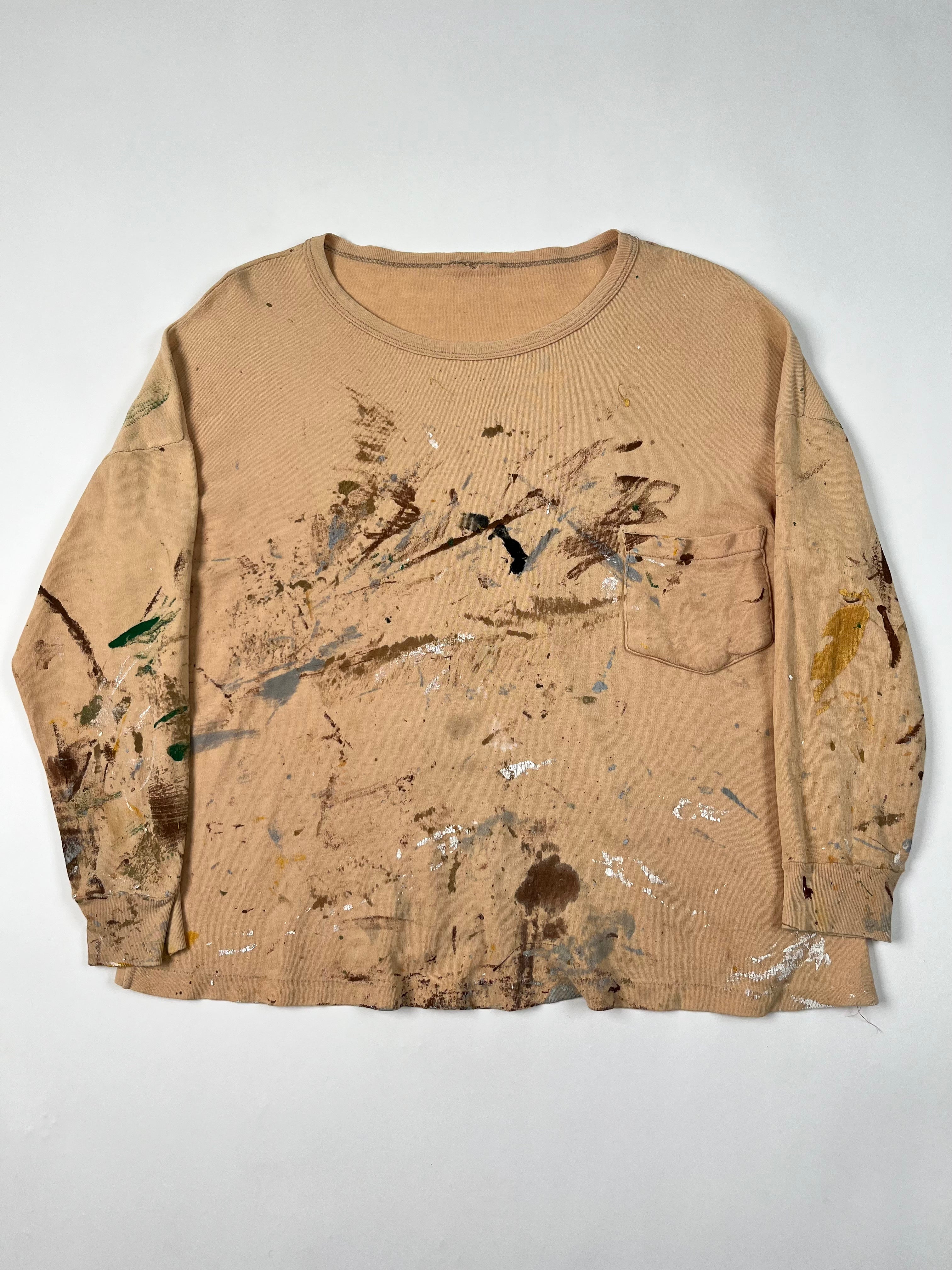 1960s Painter Longsleeve Pocket T-Shirt - Tan/Ocre - M/L