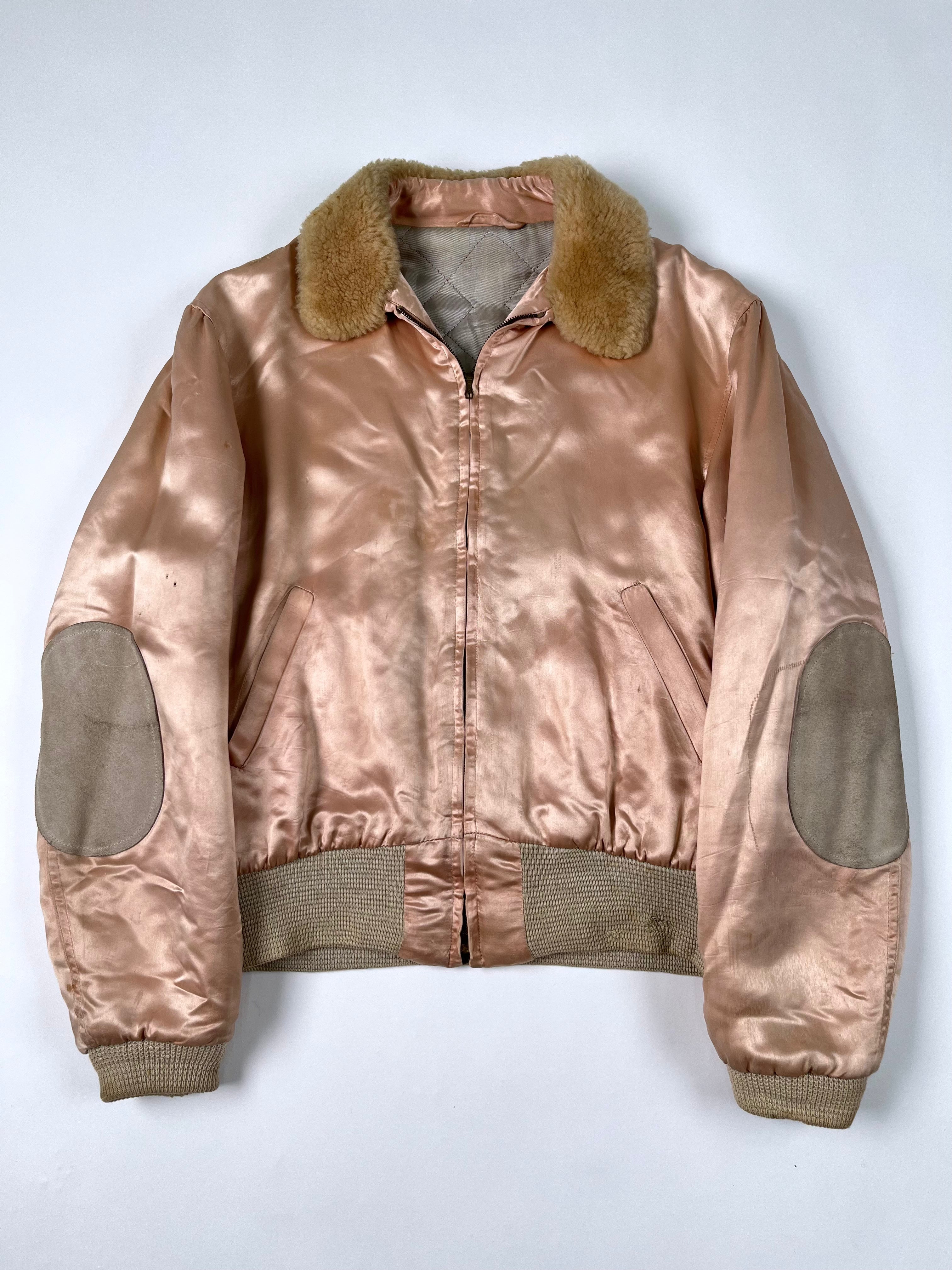1950s Satin 'Shearling' Flight Style Jacket with Suede Elbow Patches - Baby Pink - S/M