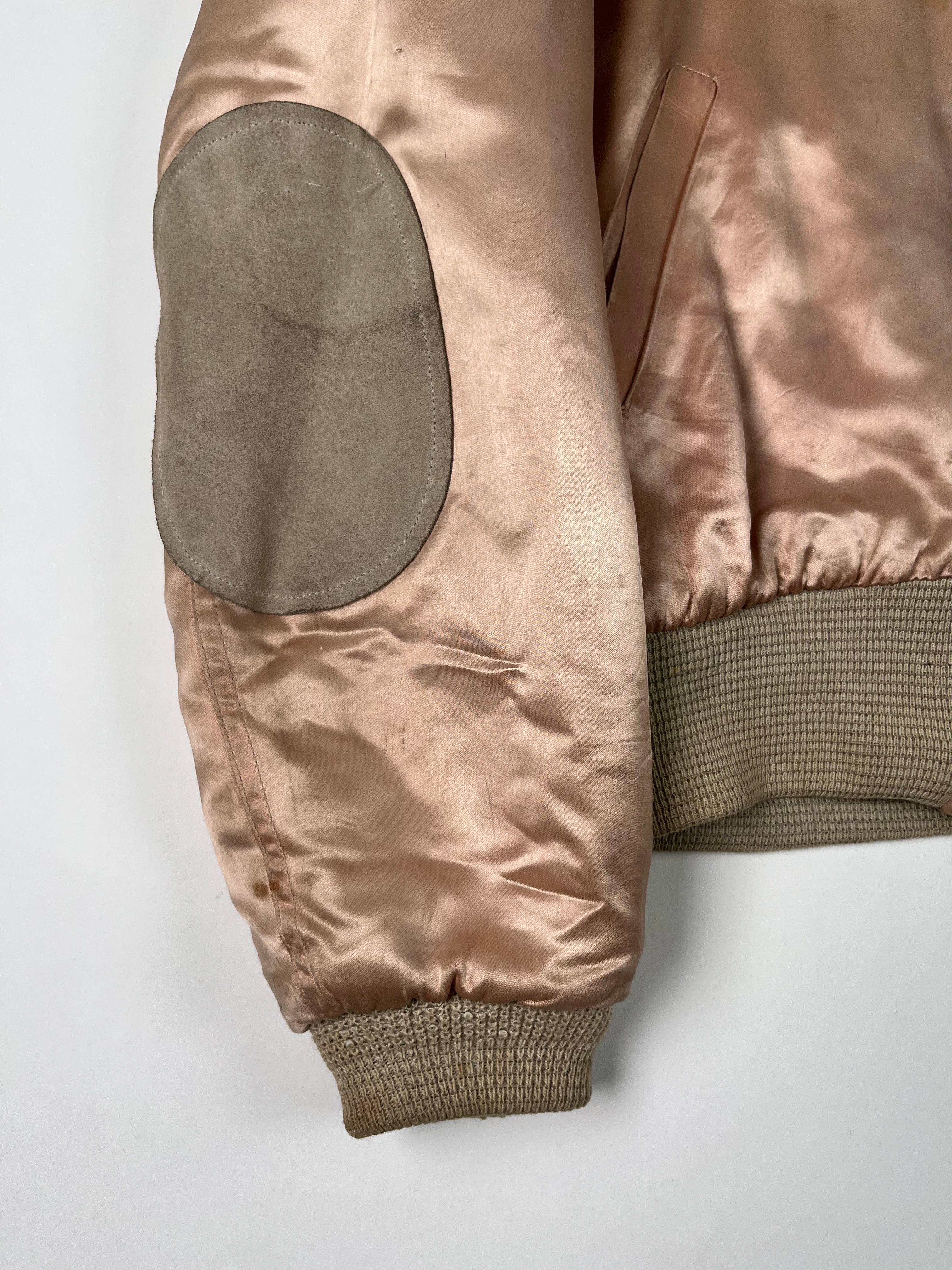 1950s Satin 'Shearling' Flight Style Jacket with Suede Elbow Patches - Baby Pink - S/M