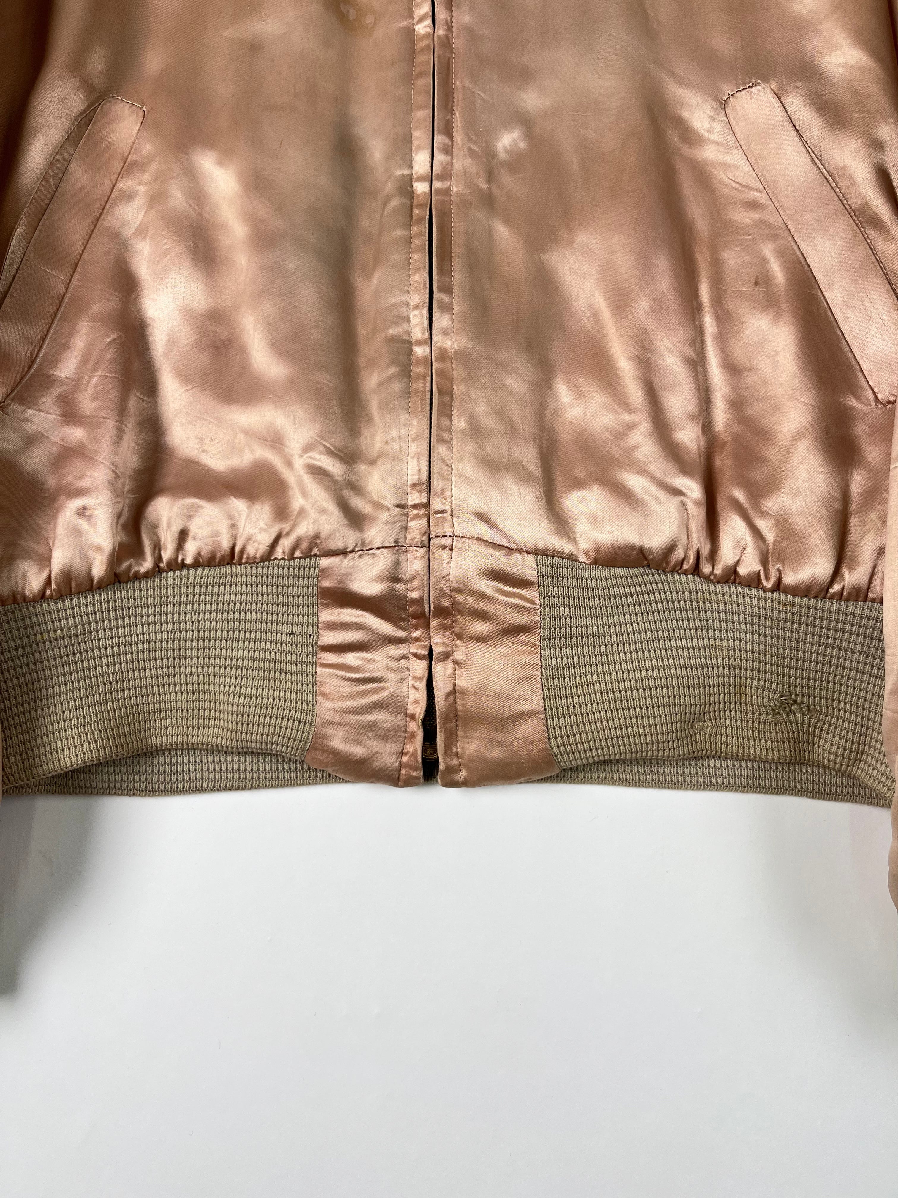 1950s Satin 'Shearling' Flight Style Jacket with Suede Elbow Patches - Baby Pink - S/M