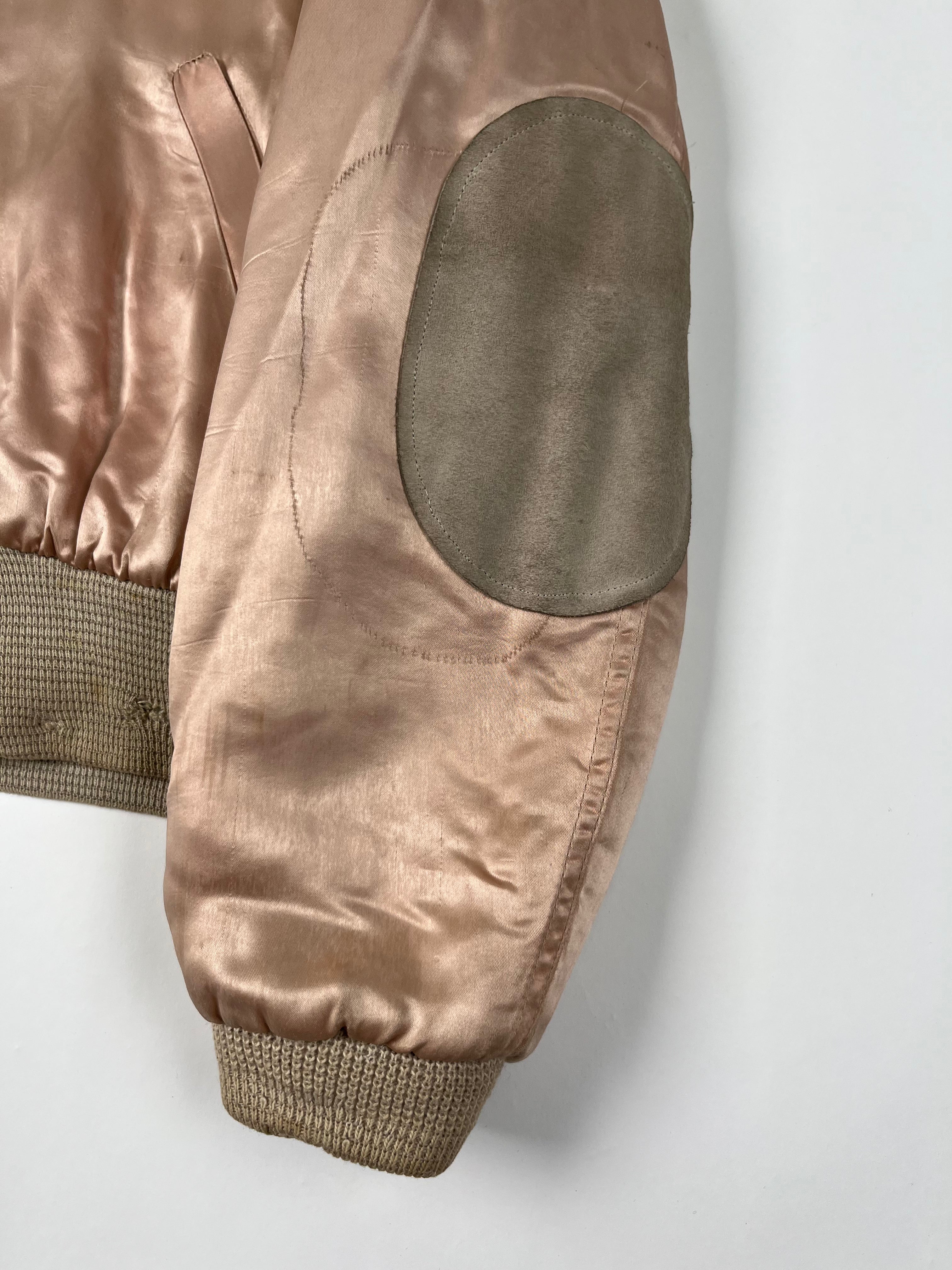 1950s Satin 'Shearling' Flight Style Jacket with Suede Elbow Patches - Baby Pink - S/M
