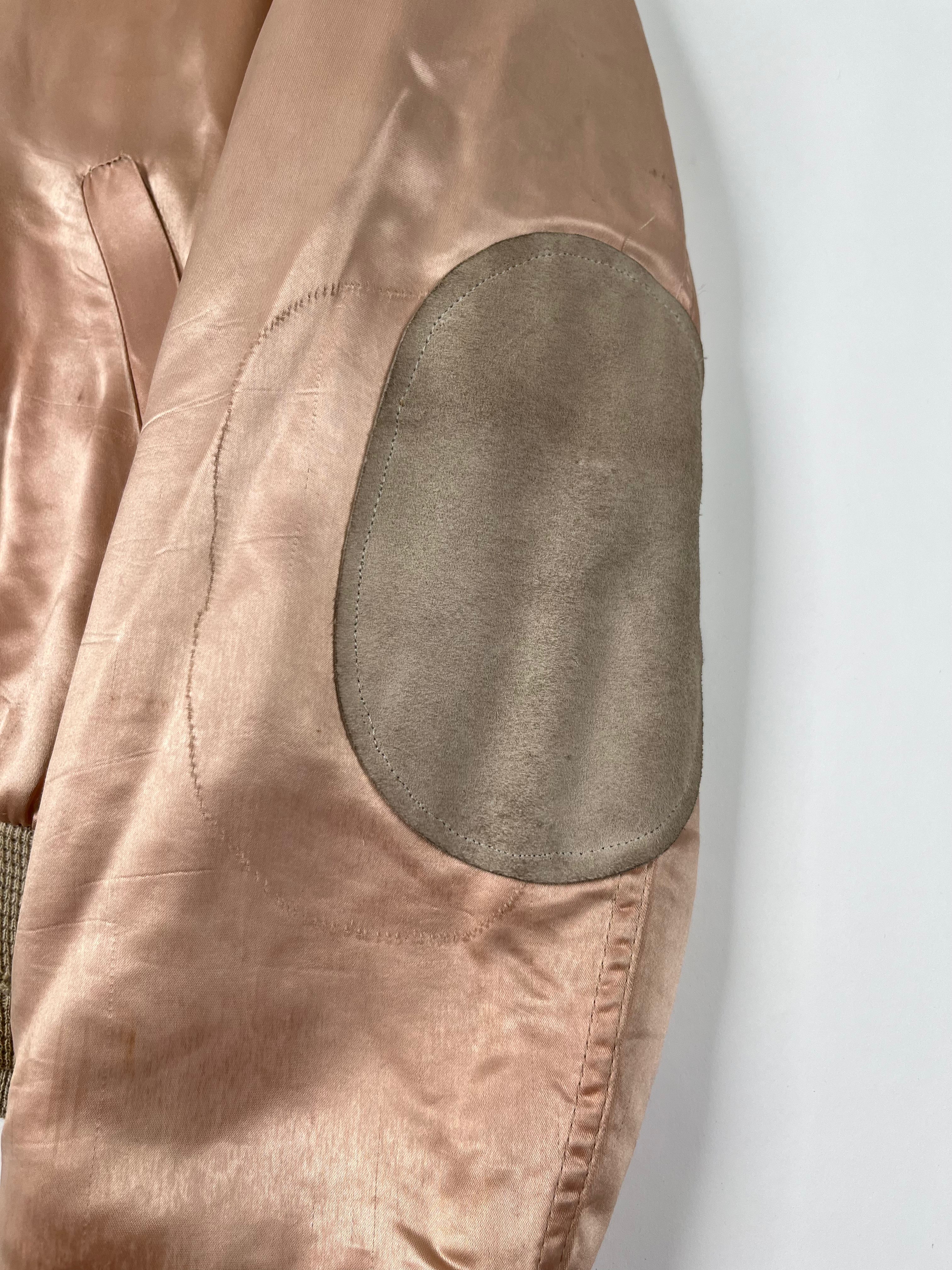 1950s Satin 'Shearling' Flight Style Jacket with Suede Elbow Patches - Baby Pink - S/M