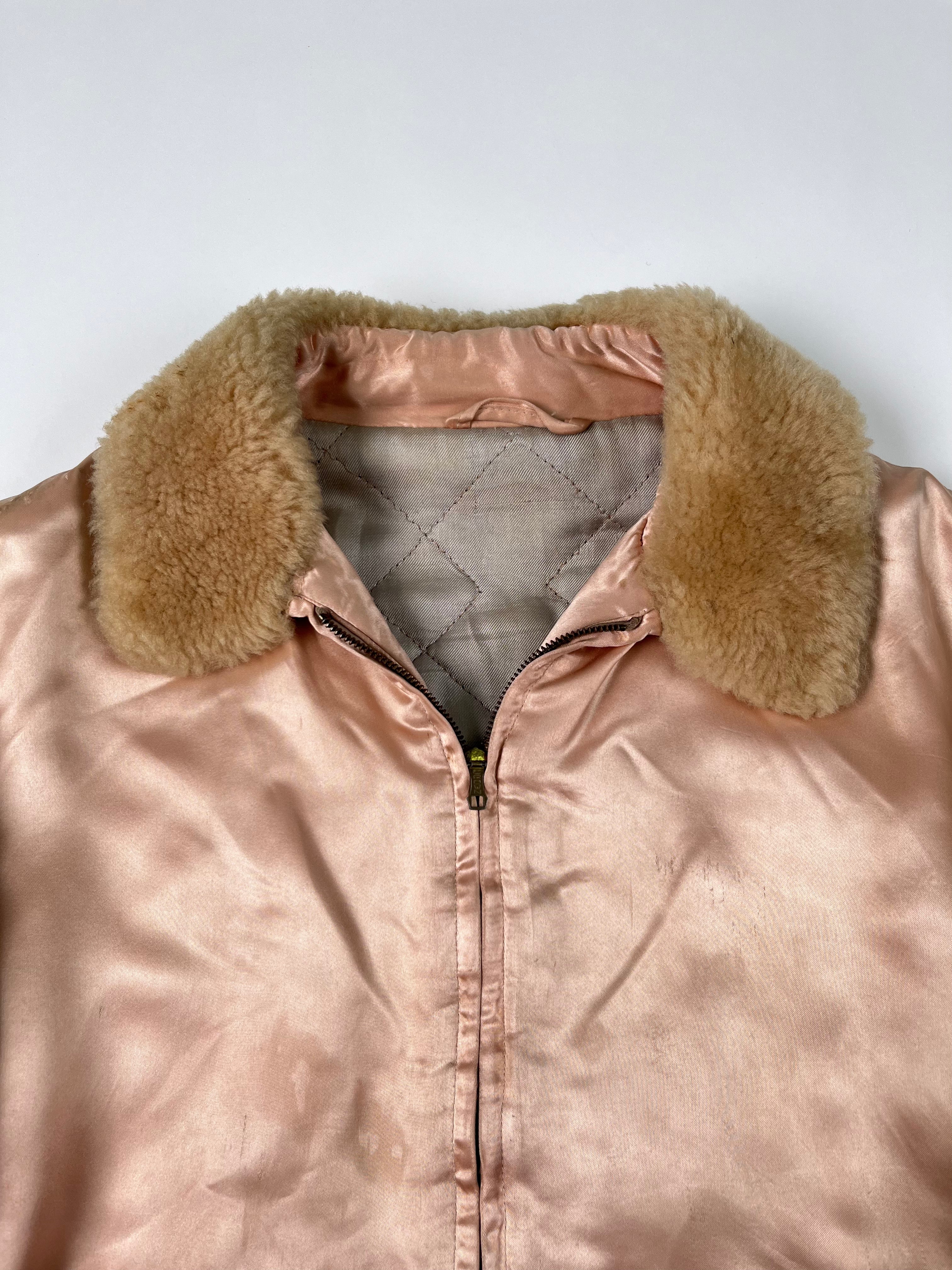 1950s Satin 'Shearling' Flight Style Jacket with Suede Elbow Patches - Baby Pink - S/M