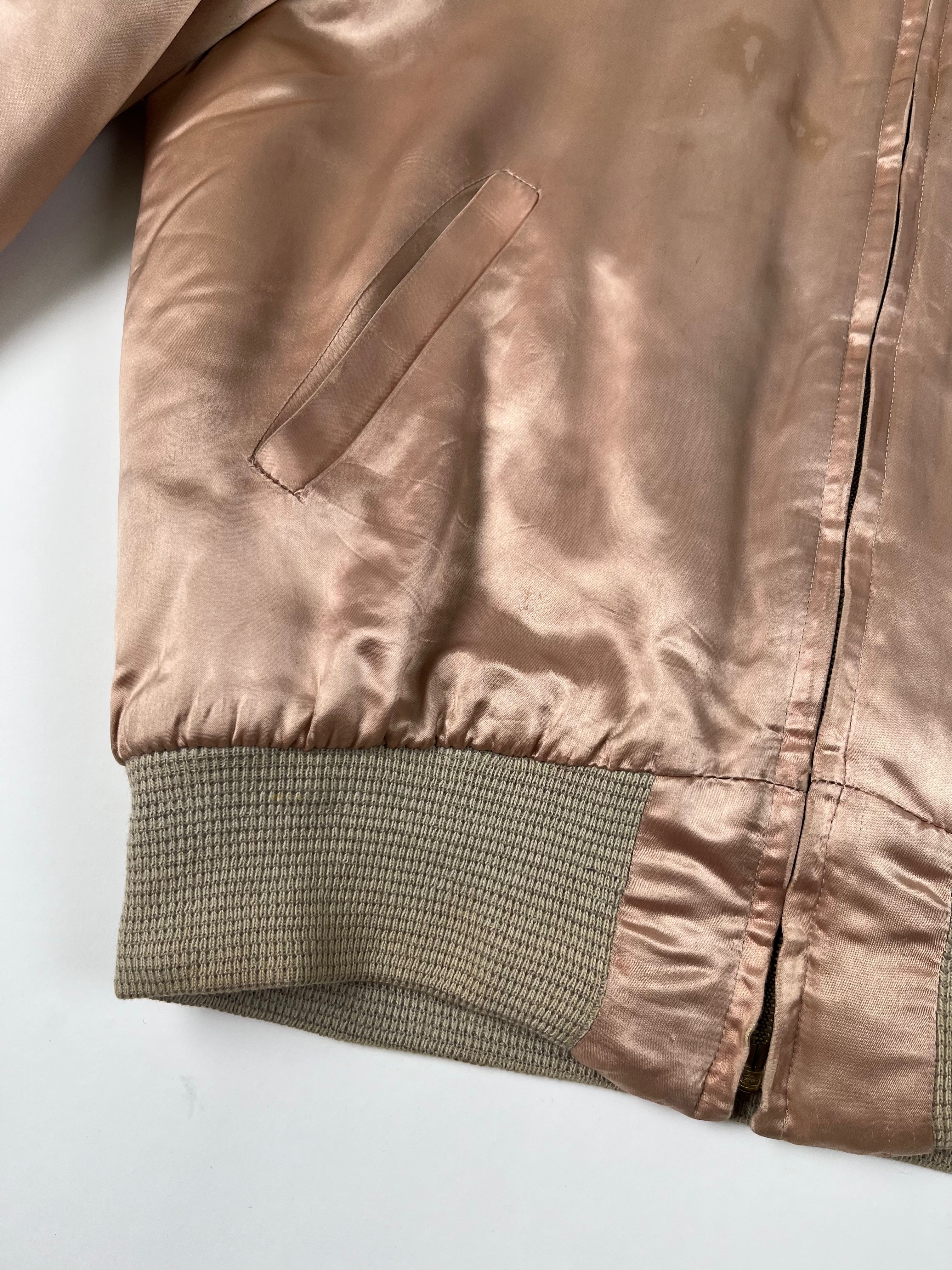 1950s Satin 'Shearling' Flight Style Jacket with Suede Elbow Patches - Baby Pink - S/M