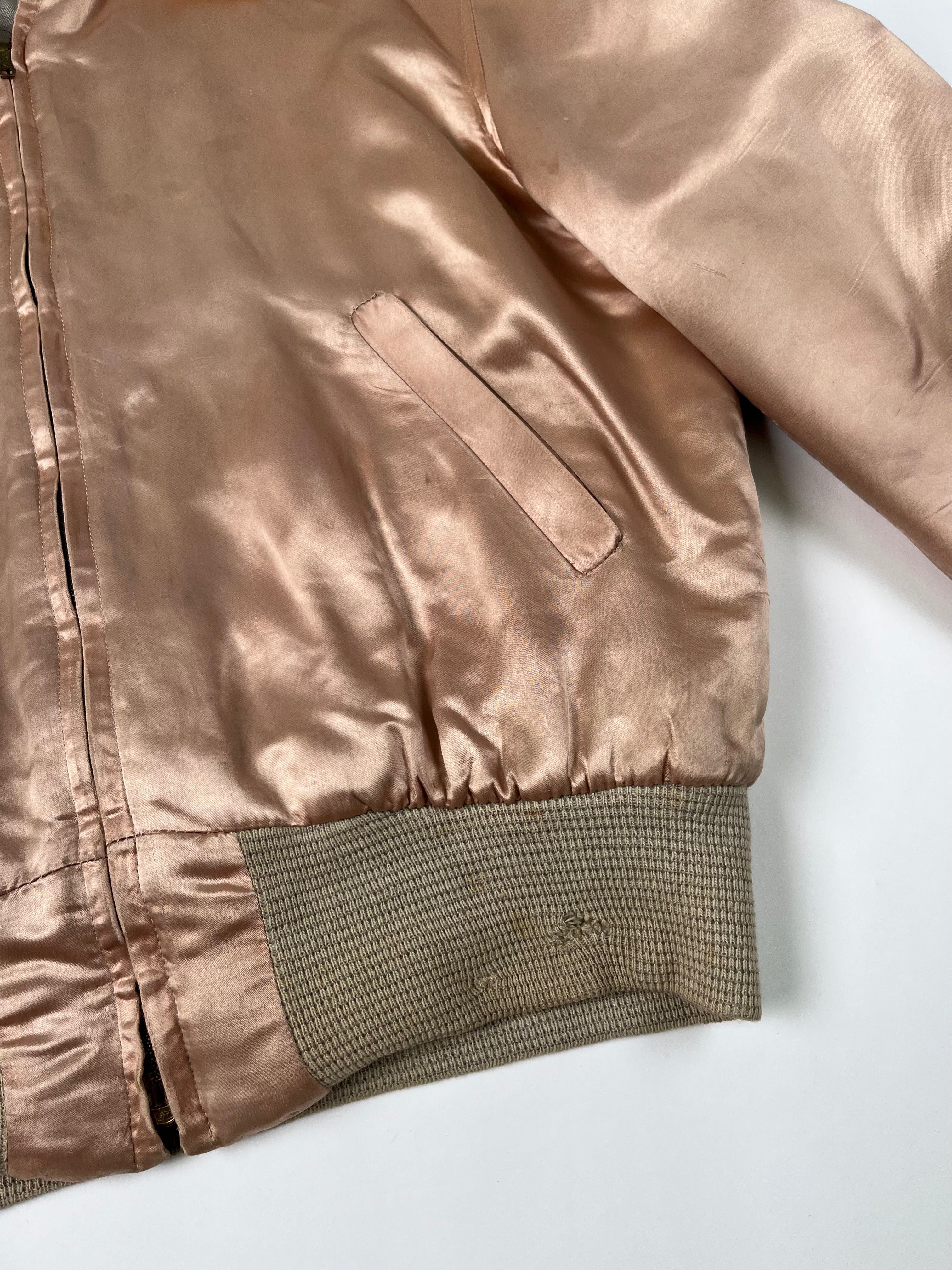 1950s Satin 'Shearling' Flight Style Jacket with Suede Elbow Patches - Baby Pink - S/M