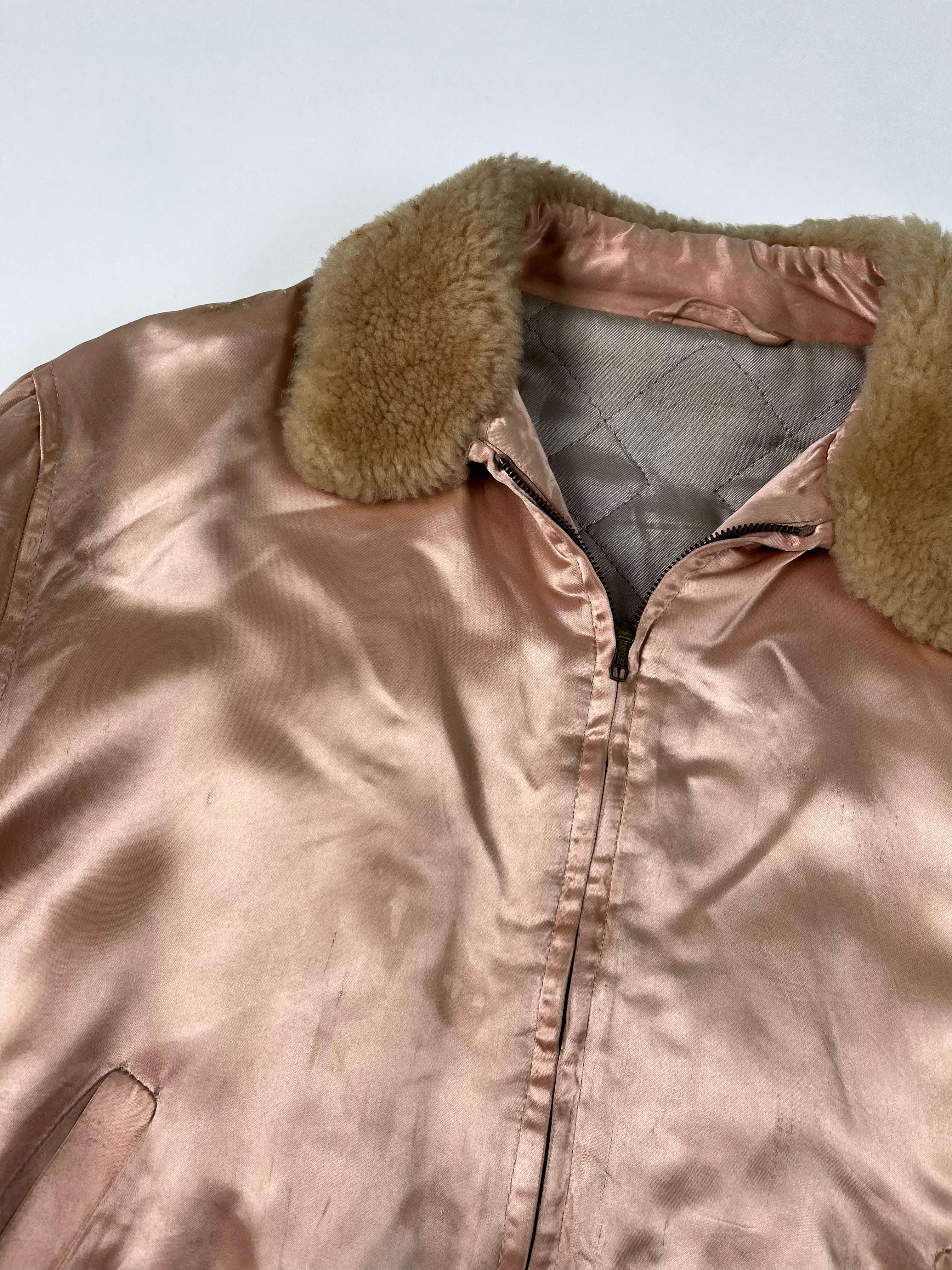 1950s Satin 'Shearling' Flight Style Jacket with Suede Elbow Patches - Baby Pink - S/M