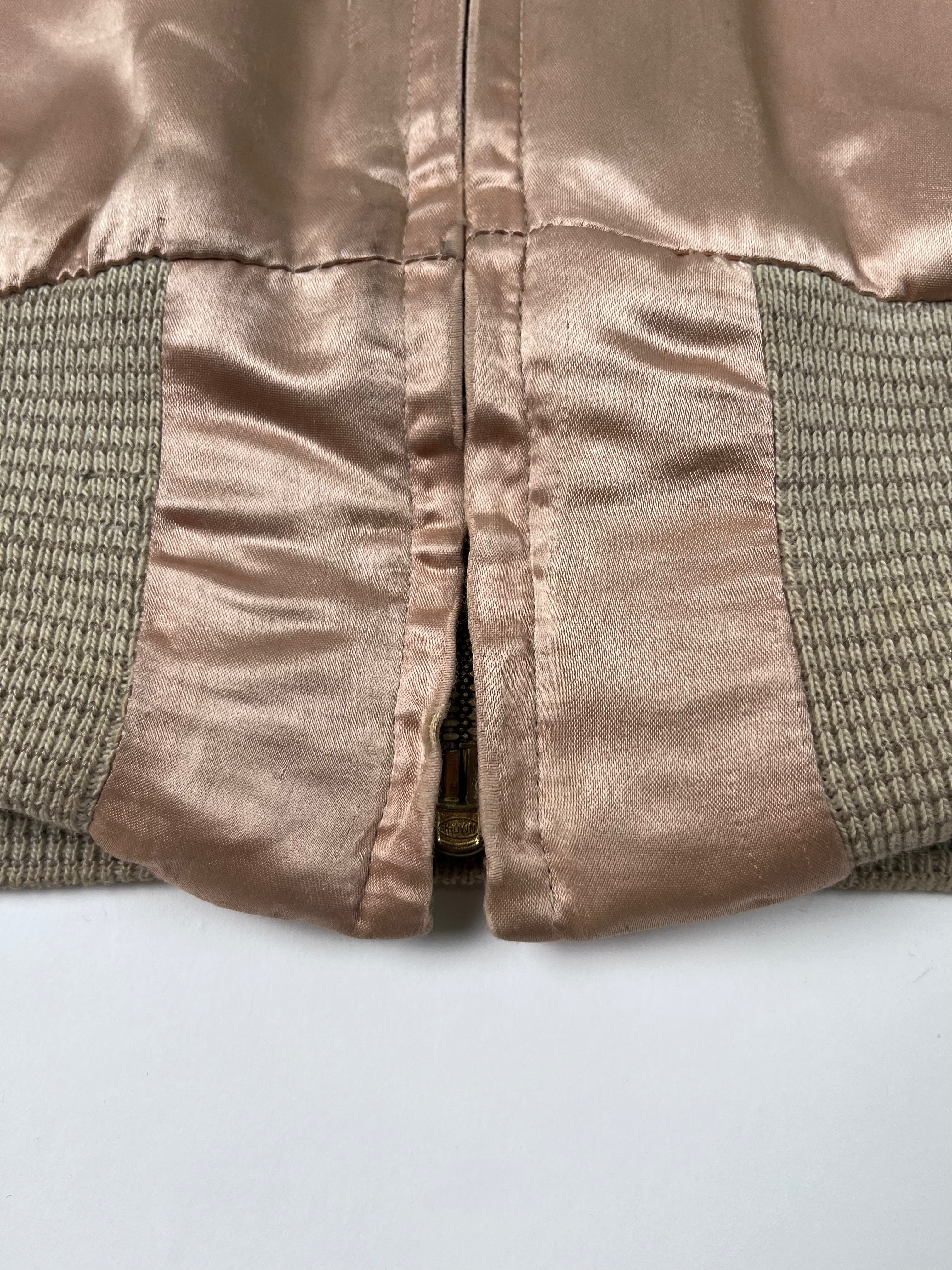 1950s Satin 'Shearling' Flight Style Jacket with Suede Elbow Patches - Baby Pink - S/M