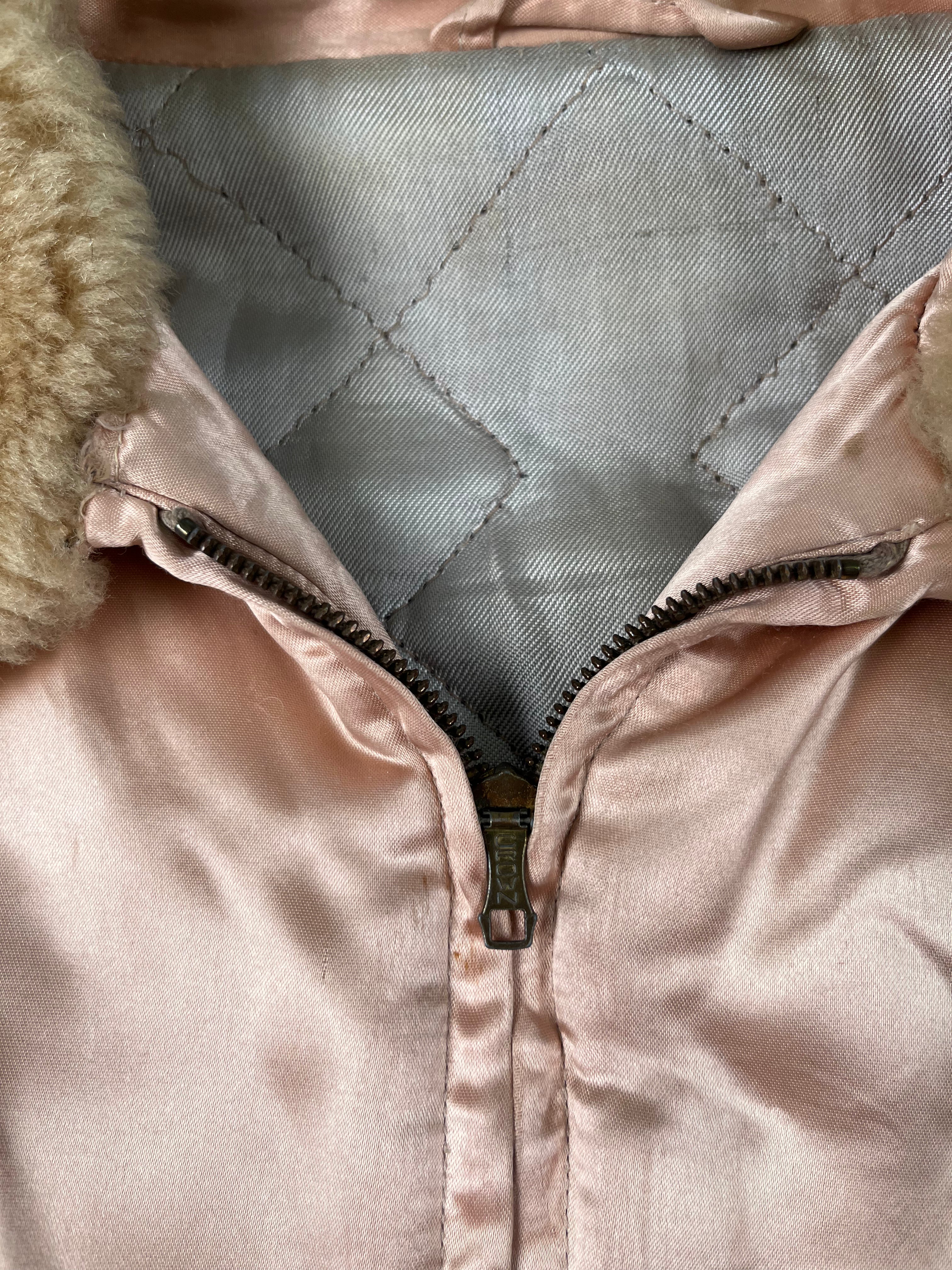 1950s Satin 'Shearling' Flight Style Jacket with Suede Elbow Patches - Baby Pink - S/M