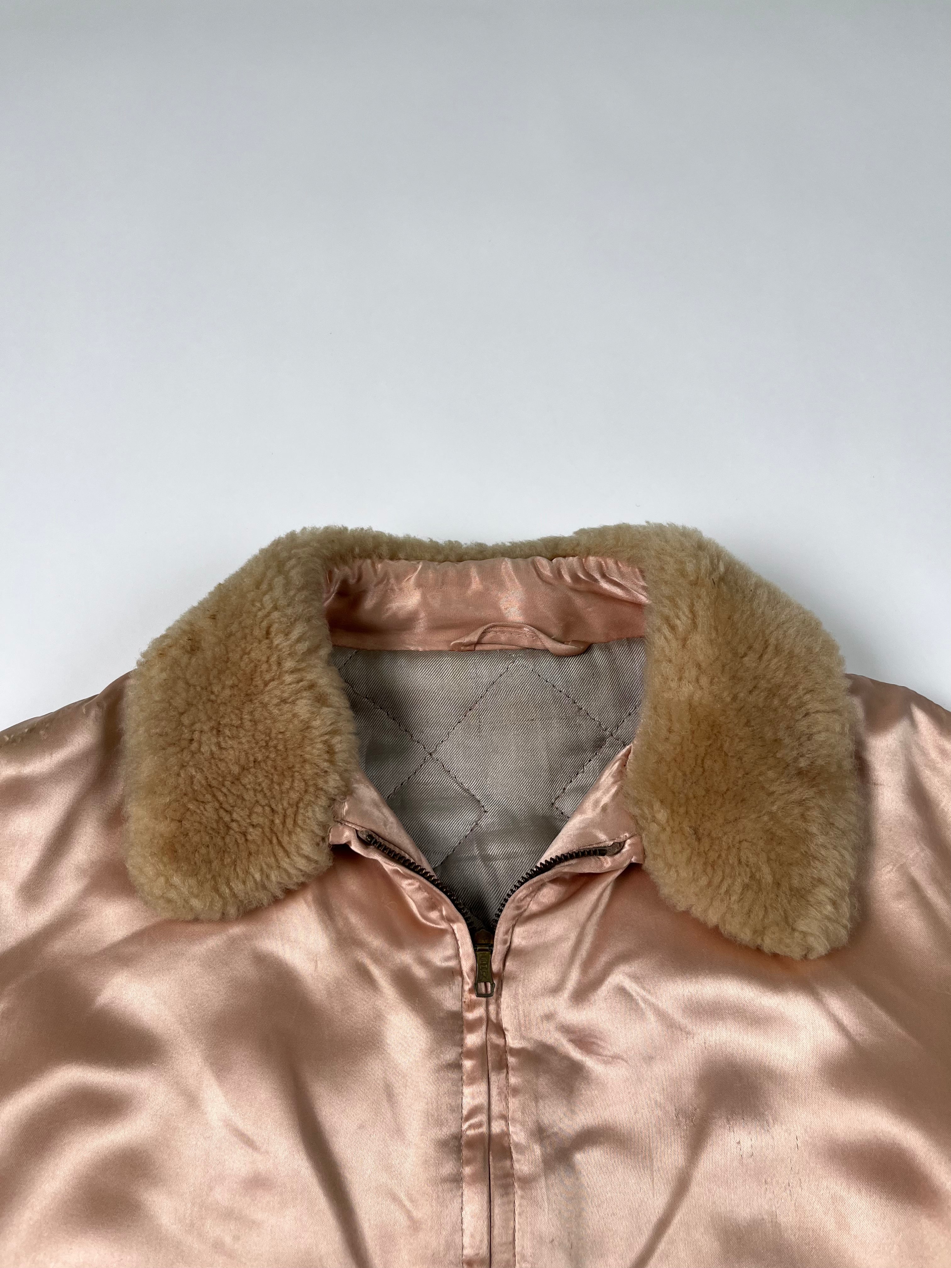 1950s Satin 'Shearling' Flight Style Jacket with Suede Elbow Patches - Baby Pink - S/M