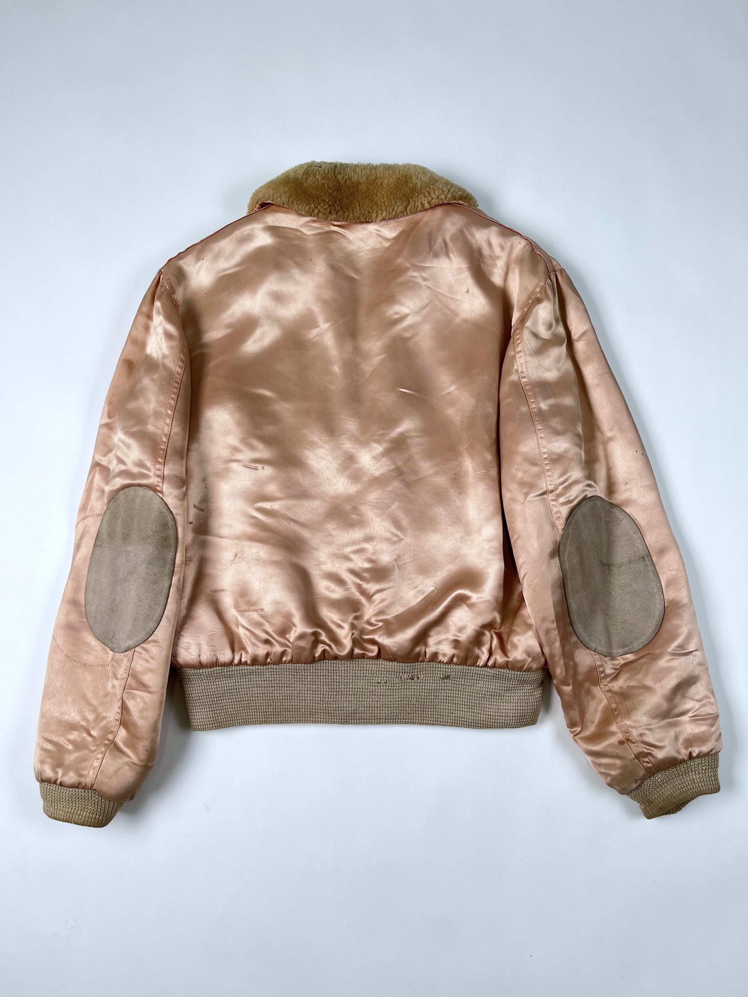 1950s Satin 'Shearling' Flight Style Jacket with Suede Elbow Patches - Baby Pink - S/M