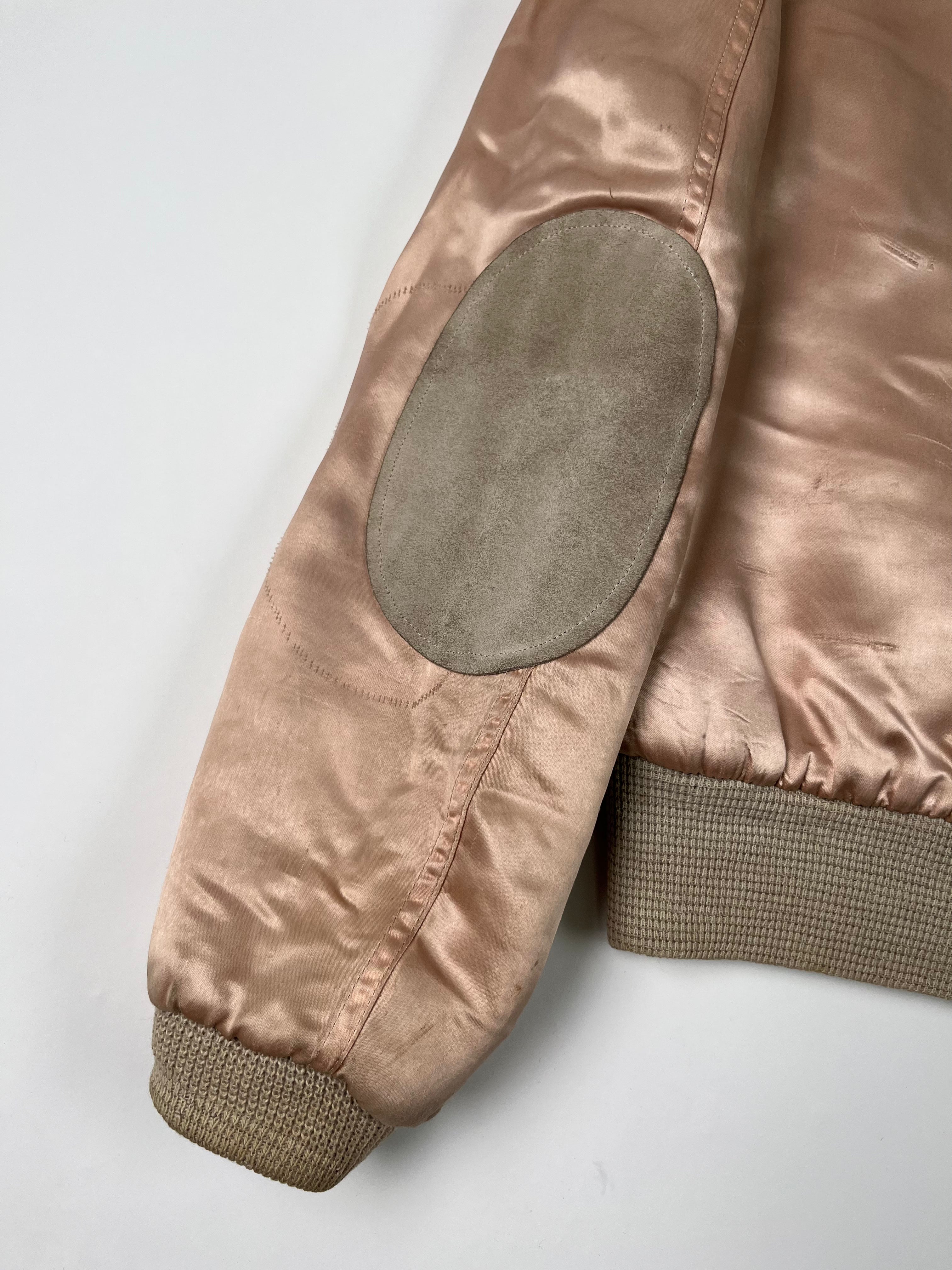 1950s Satin 'Shearling' Flight Style Jacket with Suede Elbow Patches - Baby Pink - S/M