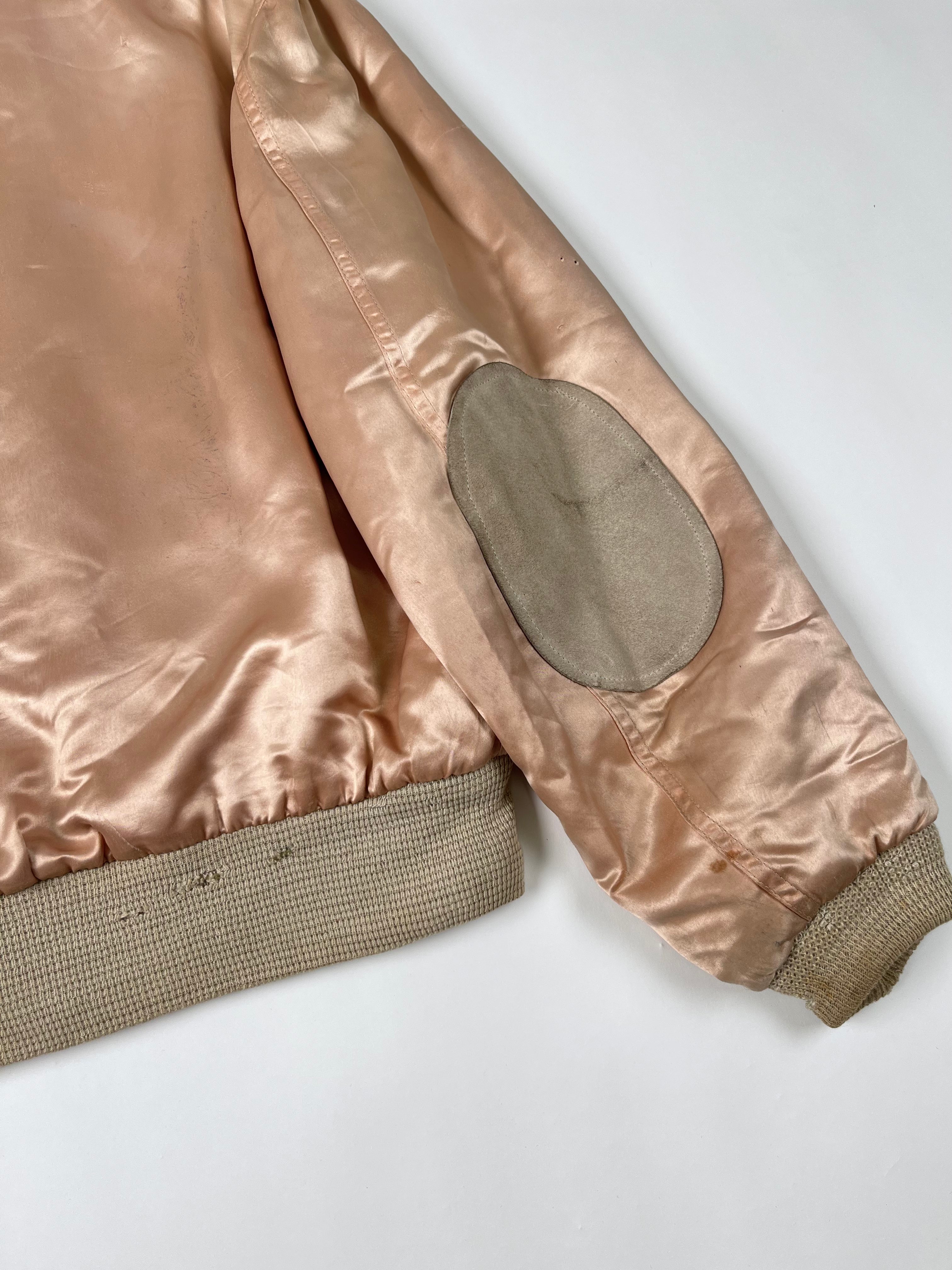 1950s Satin 'Shearling' Flight Style Jacket with Suede Elbow Patches - Baby Pink - S/M