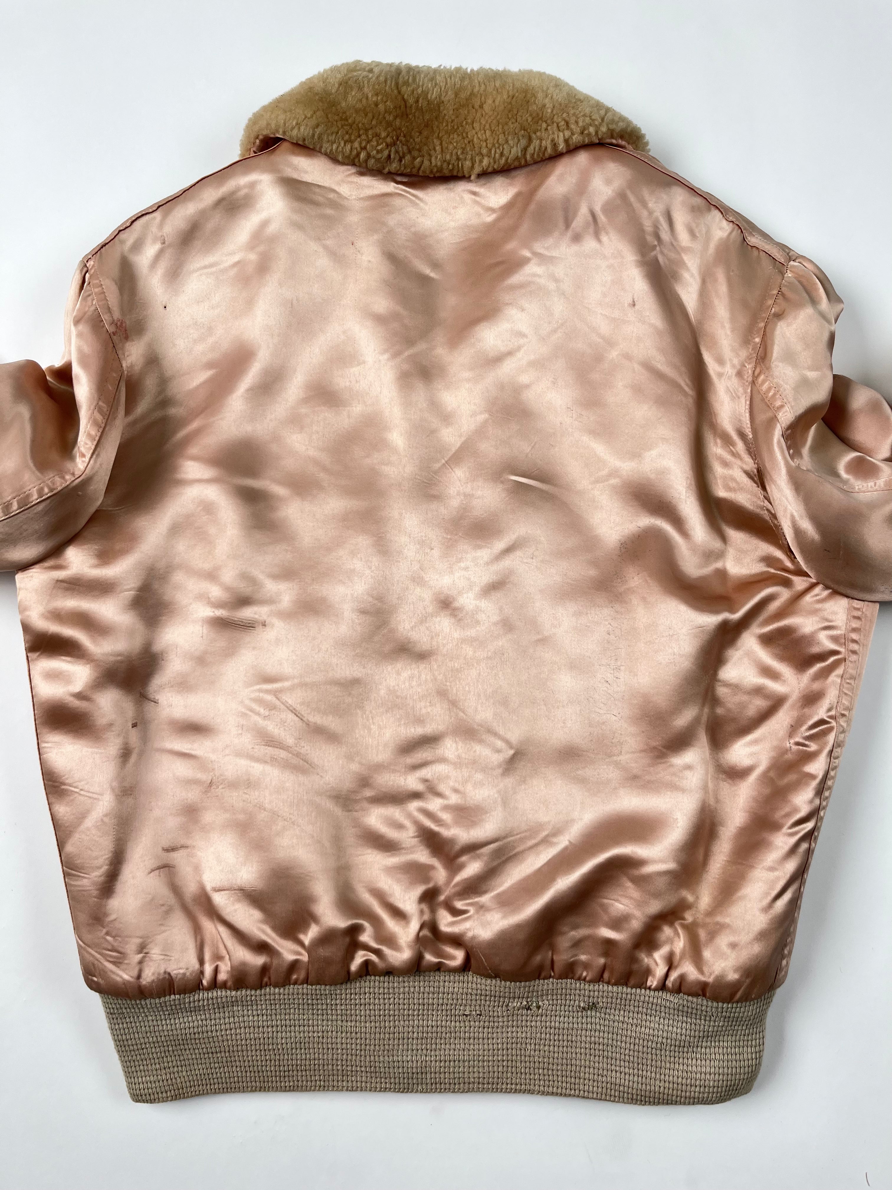 1950s Satin 'Shearling' Flight Style Jacket with Suede Elbow Patches - Baby Pink - S/M