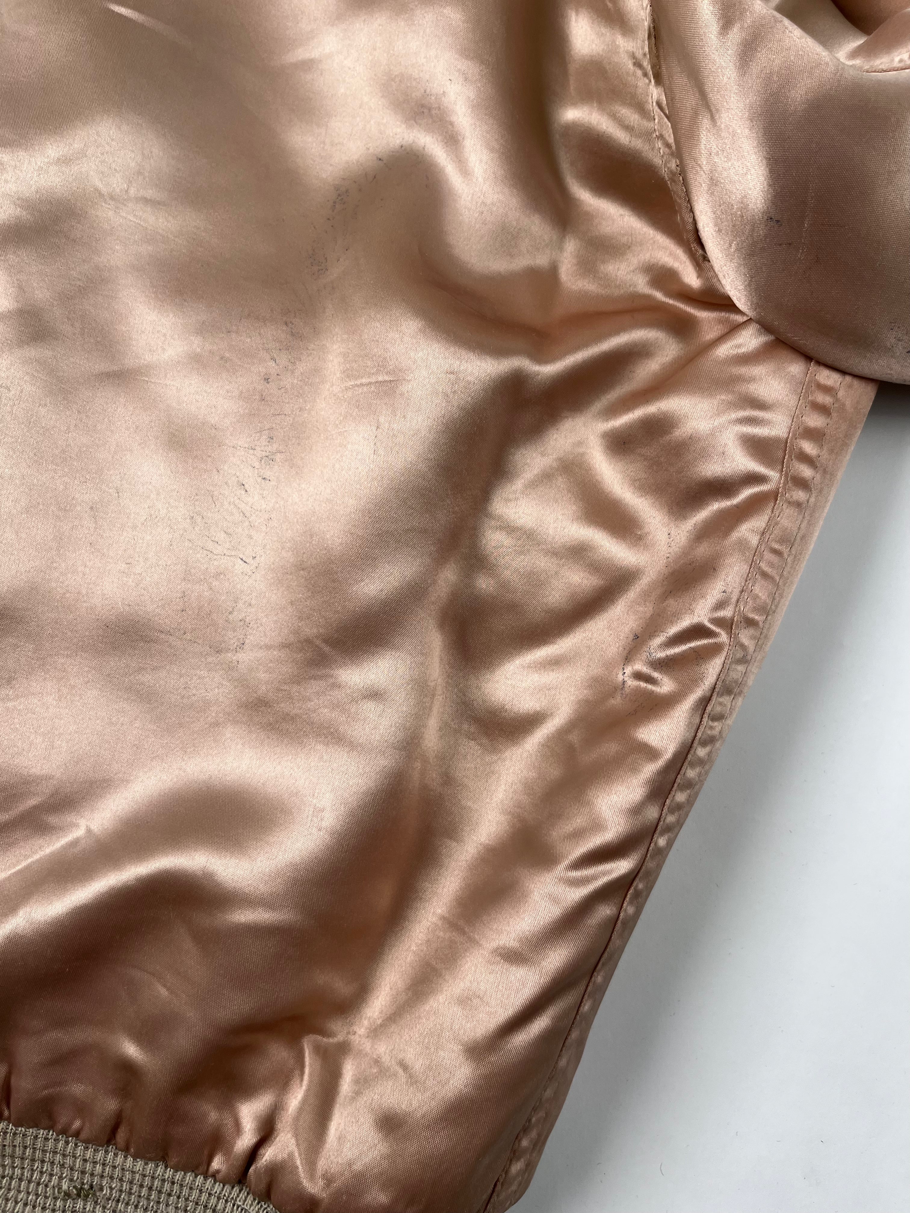 1950s Satin 'Shearling' Flight Style Jacket with Suede Elbow Patches - Baby Pink - S/M