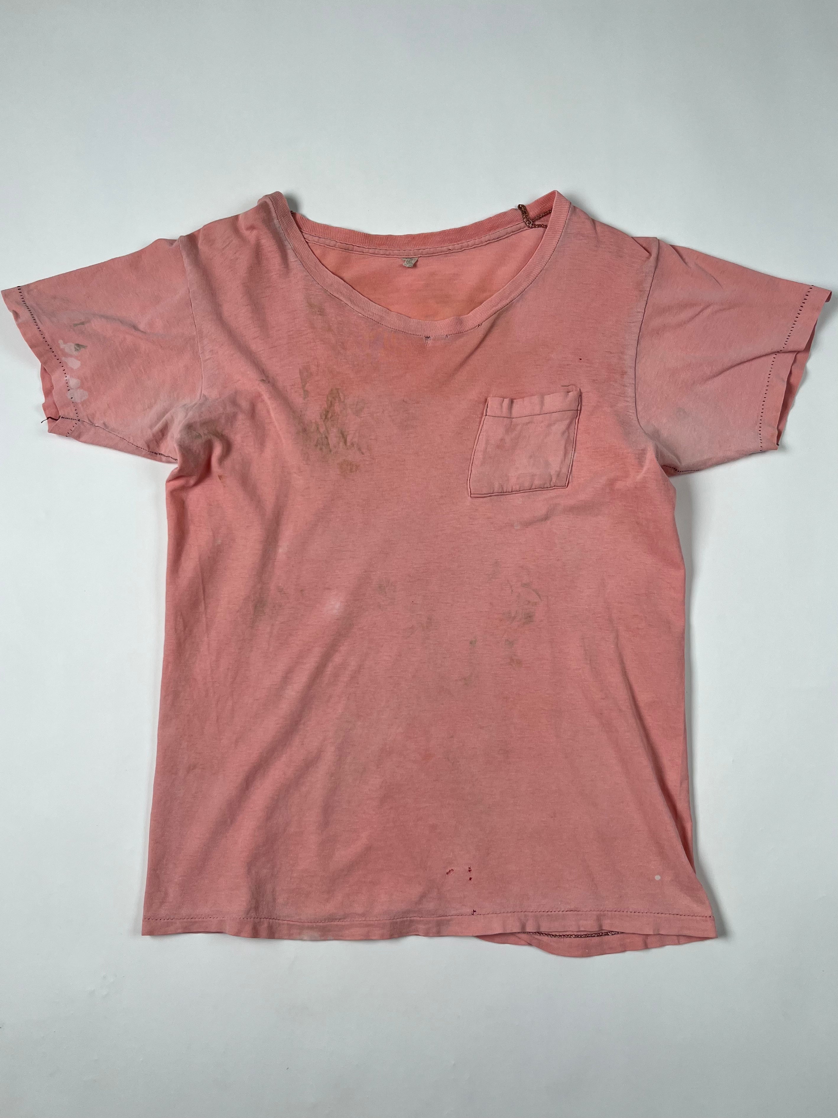 1970s Wonky Distressed Pocket T-Shirt = Faded Pink - M/L