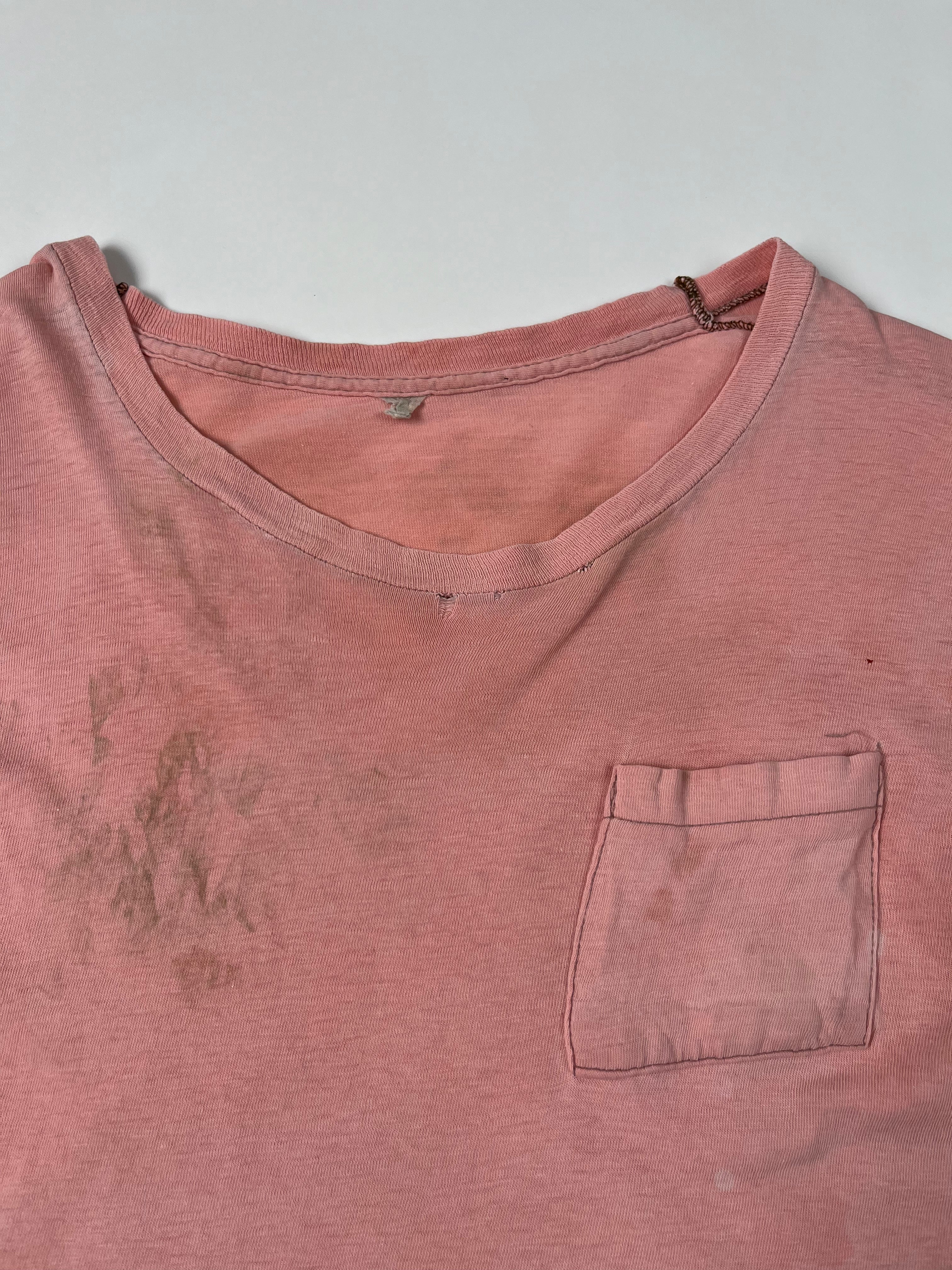 1970s Wonky Distressed Pocket T-Shirt = Faded Pink - M/L