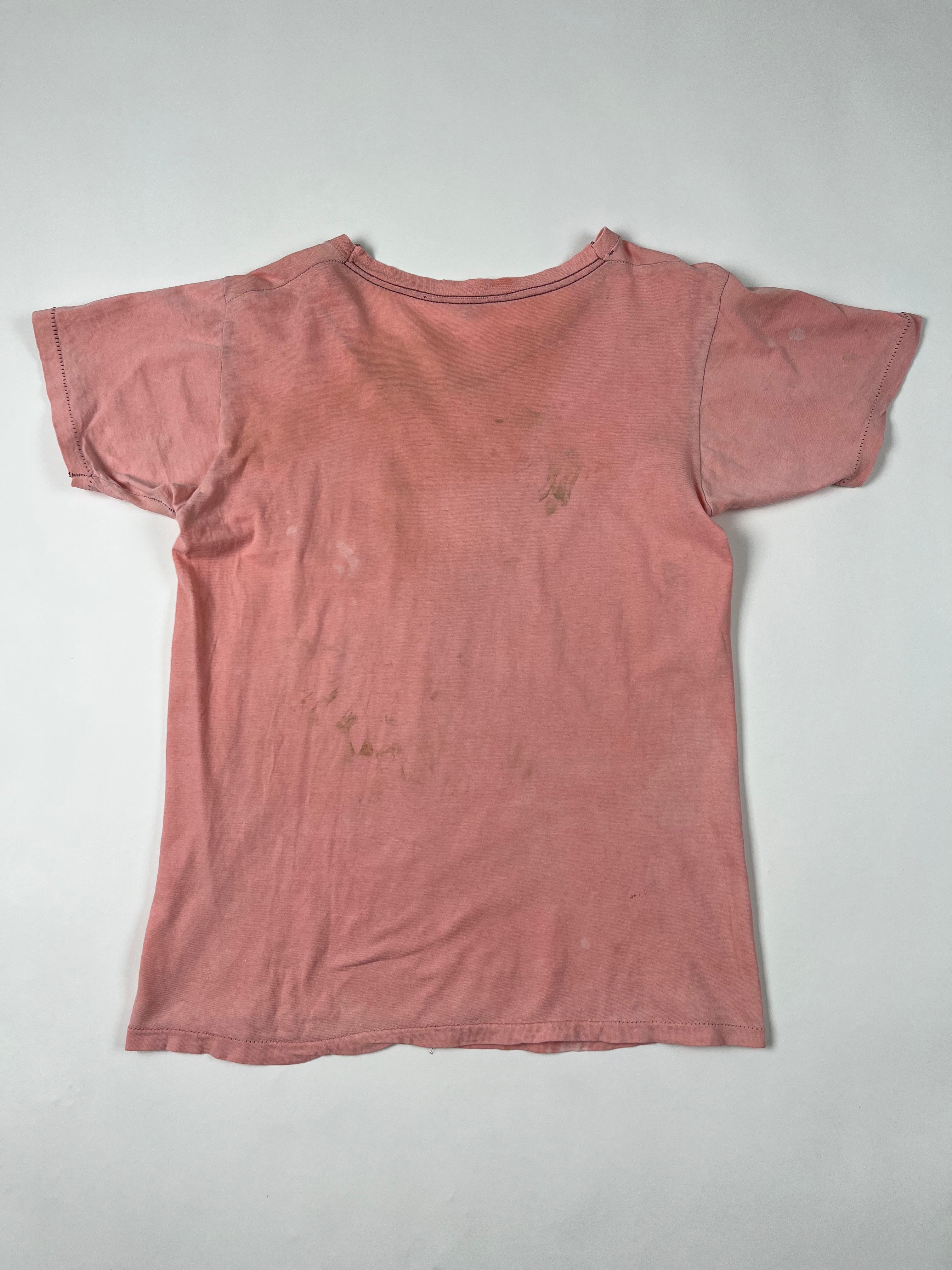 1970s Wonky Distressed Pocket T-Shirt = Faded Pink - M/L