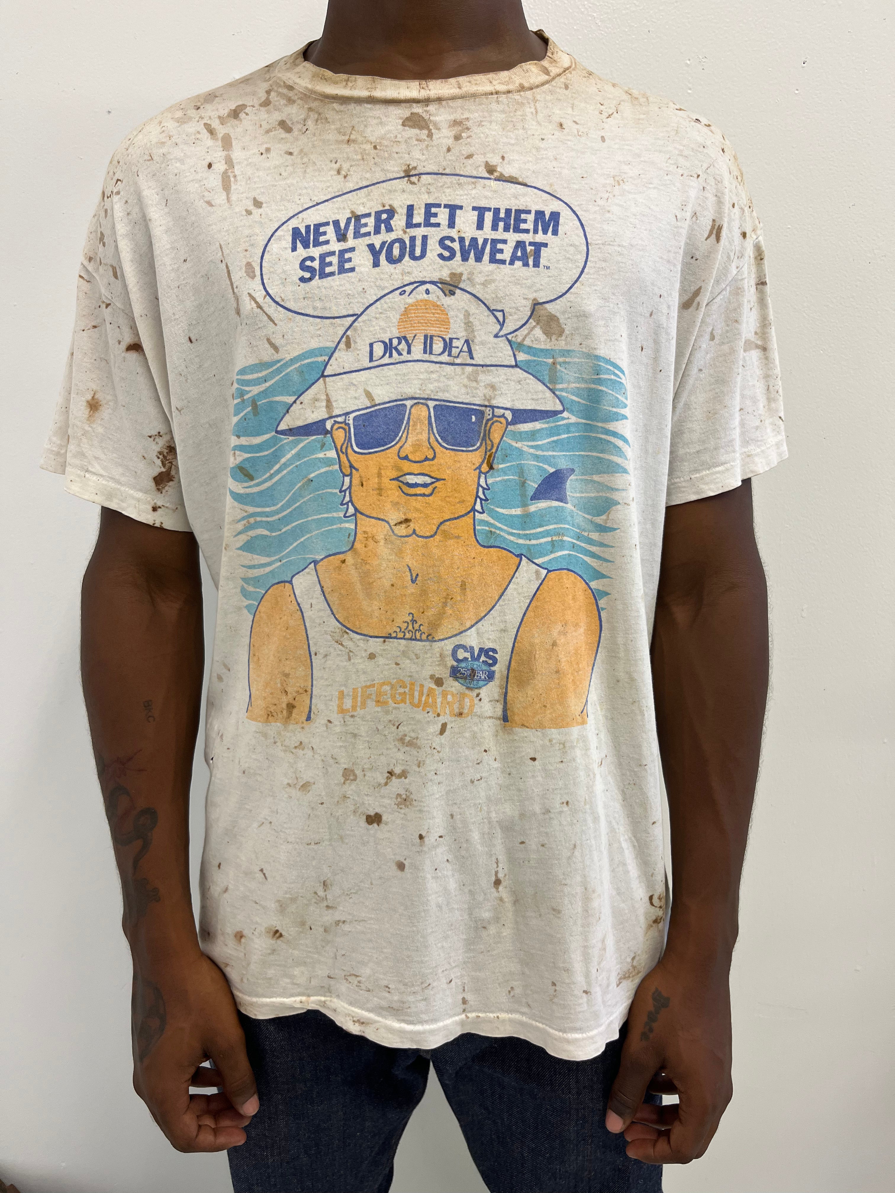 1980s CVS Dry Idea Deodorant Distressed & Stained T-Shirt - Dirty White - XL/XXL