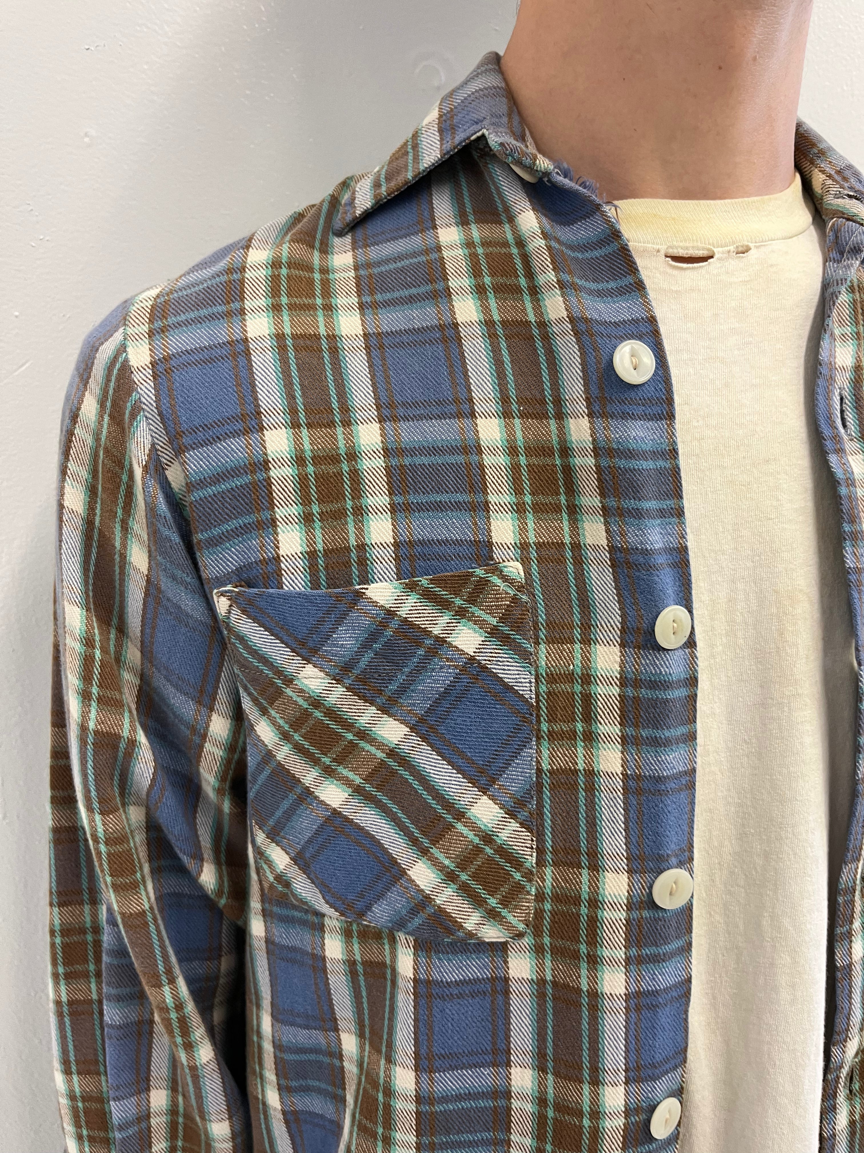 1960/70s Cotton Flannel - Blue/Brown/Seafoam - S/M