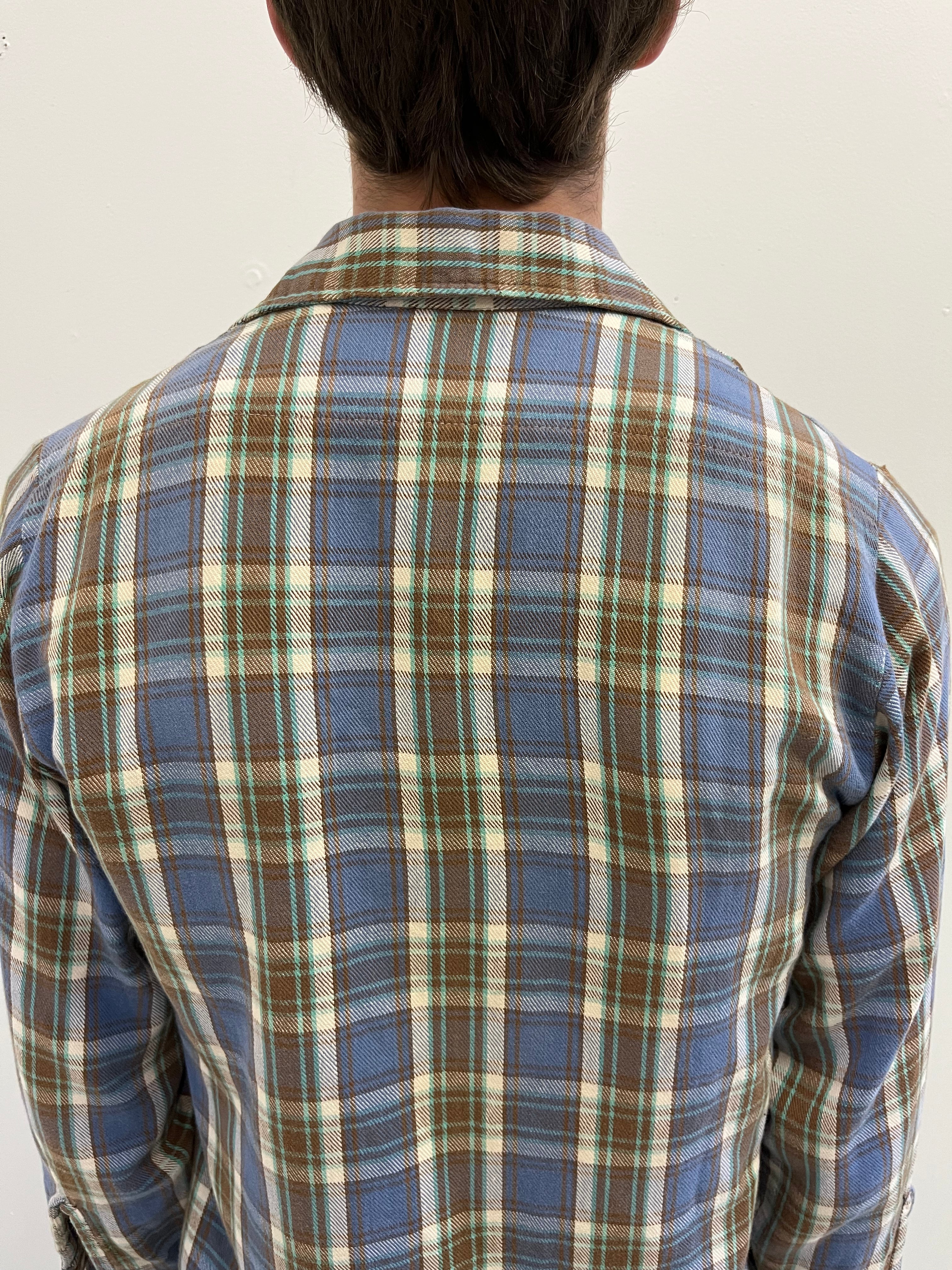 1960/70s Cotton Flannel - Blue/Brown/Seafoam - S/M