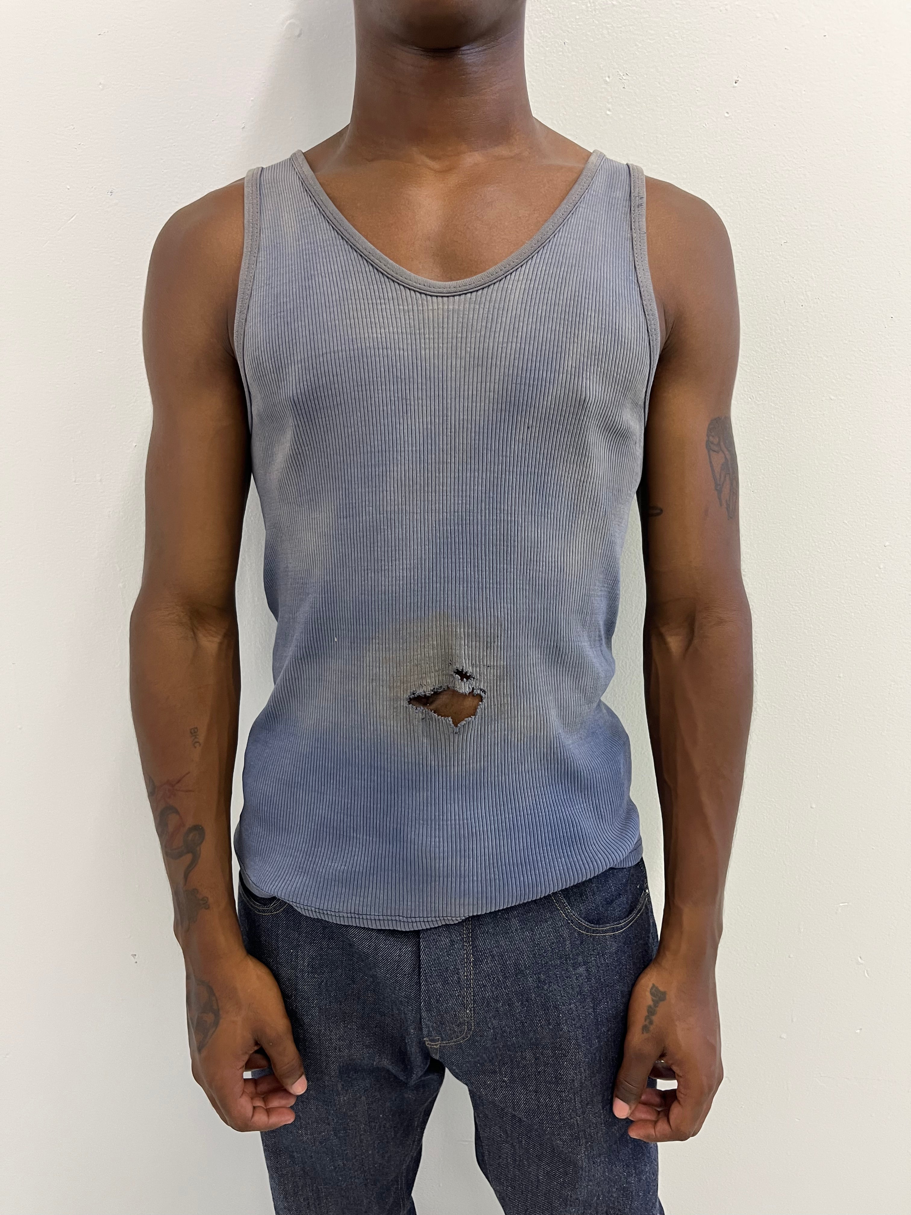 1960/70s Distressed French Ribbed Work Knit Tank - Faded Dark Cornflower Blue - M/L
