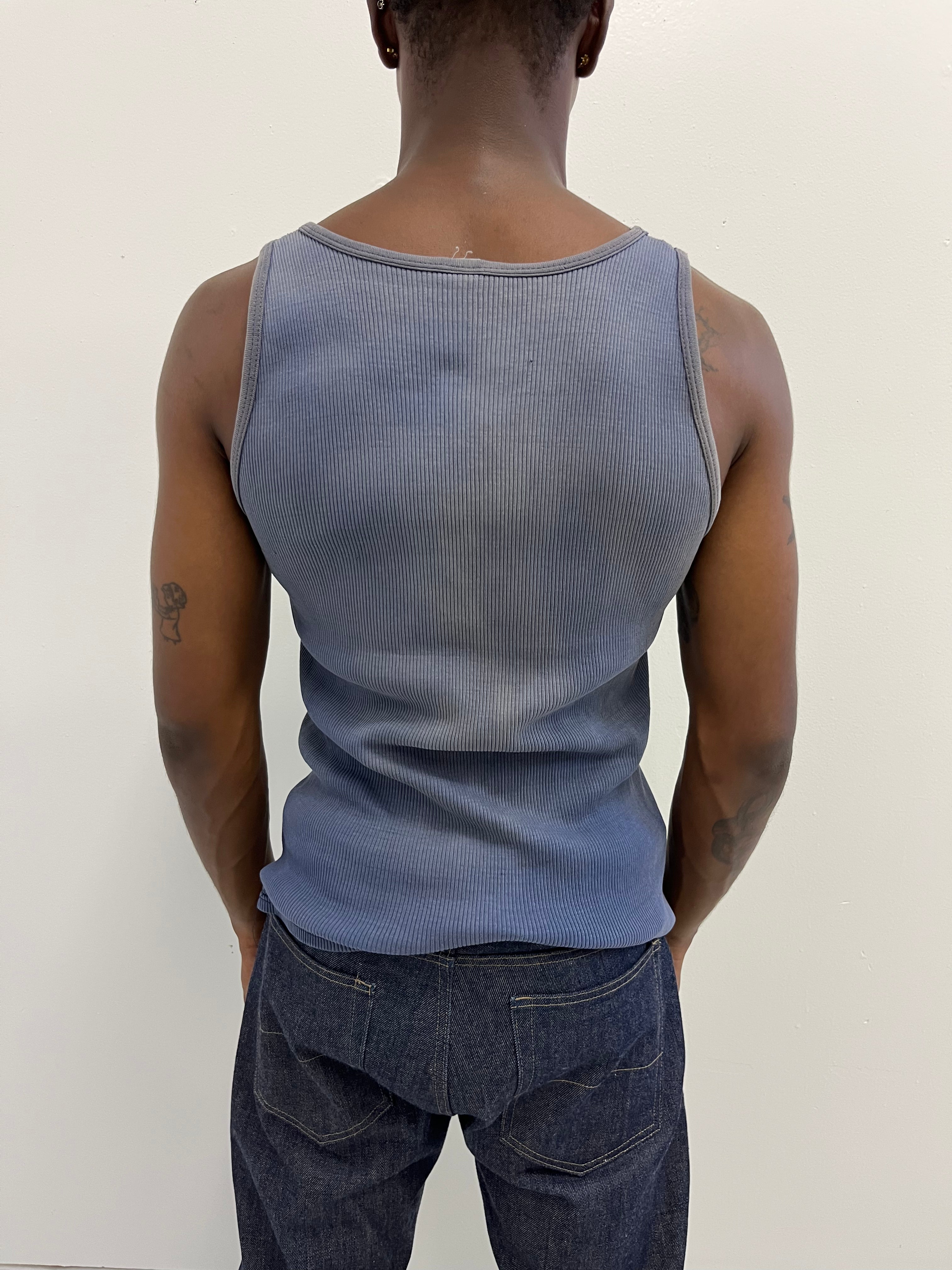1960/70s Distressed French Ribbed Work Knit Tank - Faded Dark Cornflower Blue - M/L