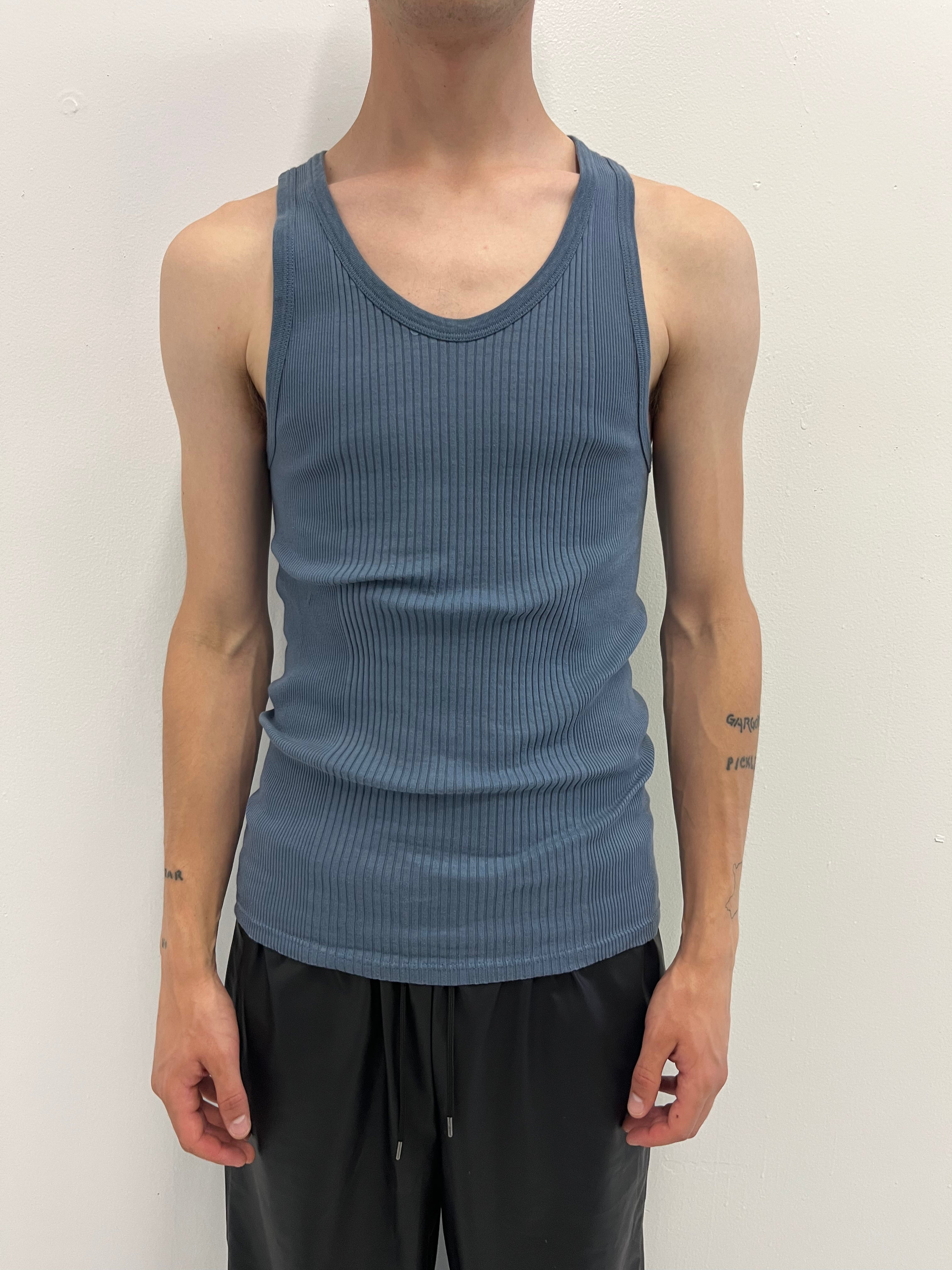 1960/70s Deadstock French Ribbed Work Tank - Slate Blue - L/XL