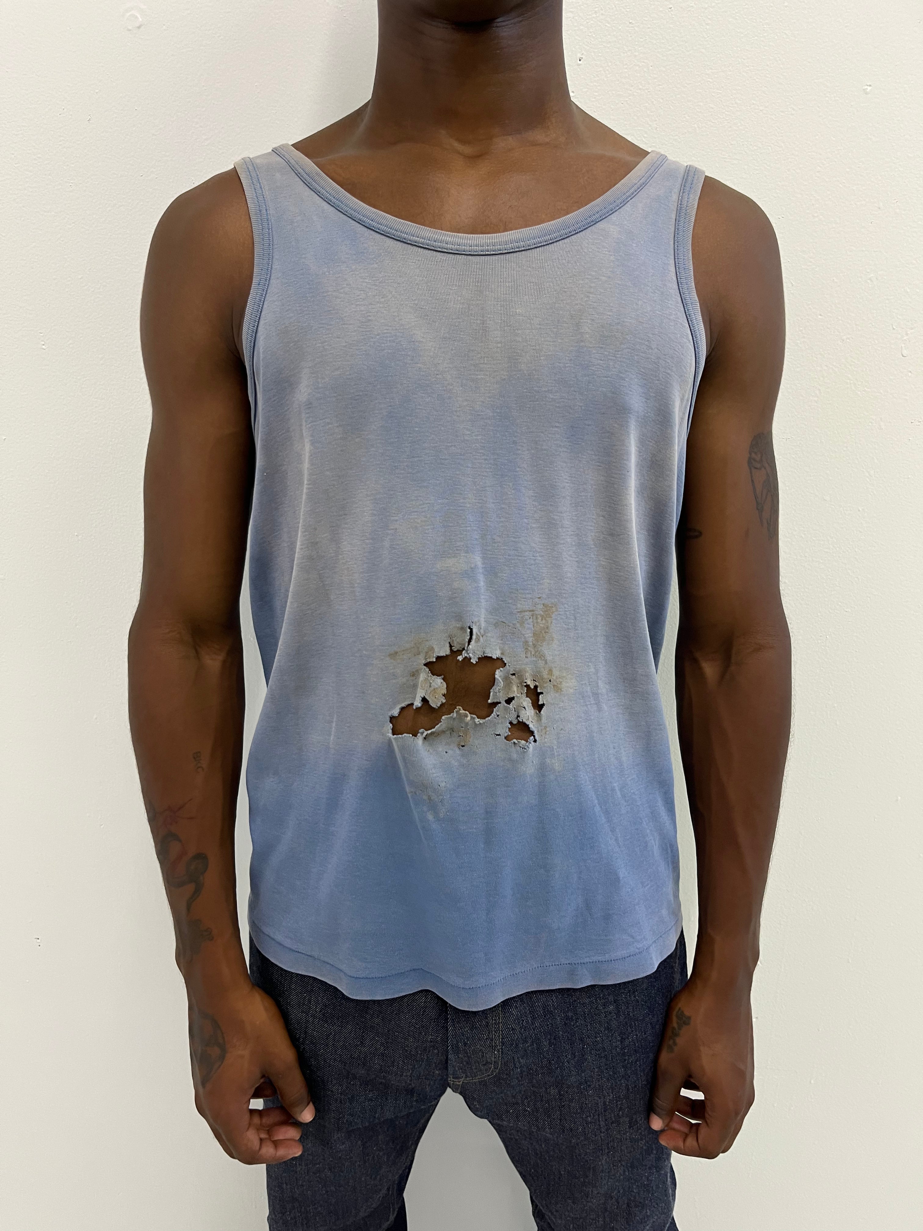 1960s Faded & Distressed French Work Tank - Faded Cornflower Blue - L