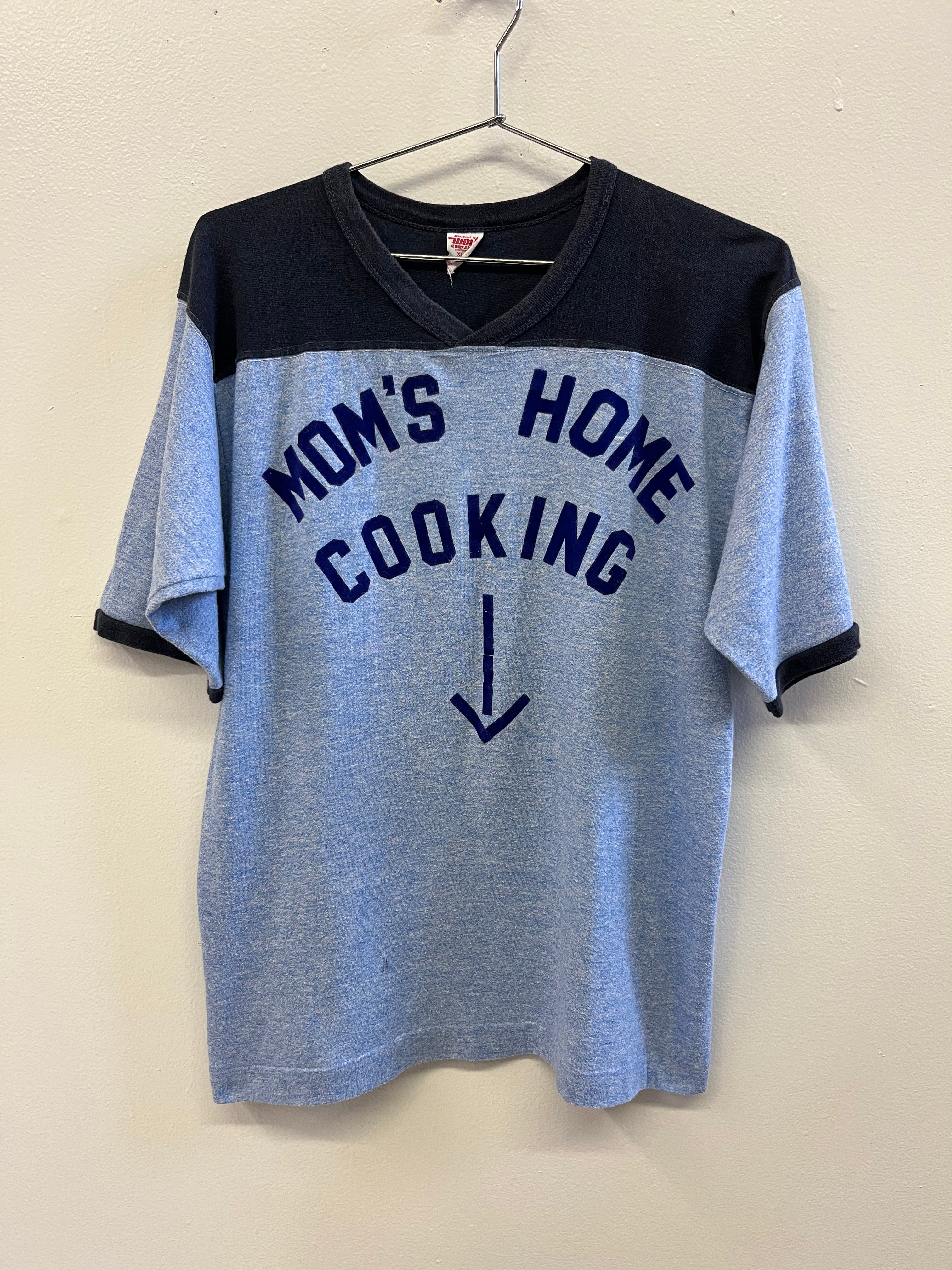 1970s Flock Lettering 'Mom's Home Cooking' T-Shirt - Heather Cornflower Blue - L