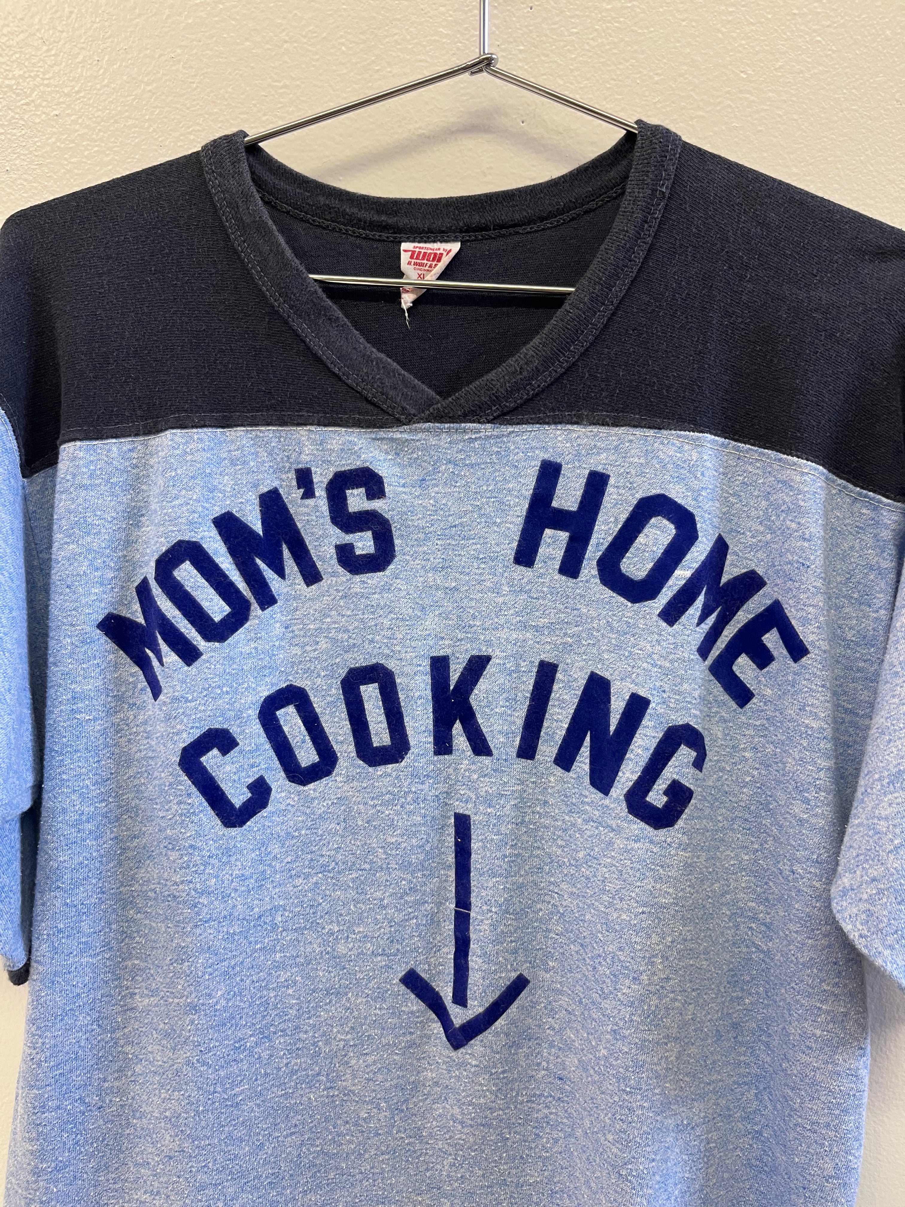1970s Flock Lettering 'Mom's Home Cooking' T-Shirt - Heather Cornflower Blue - L