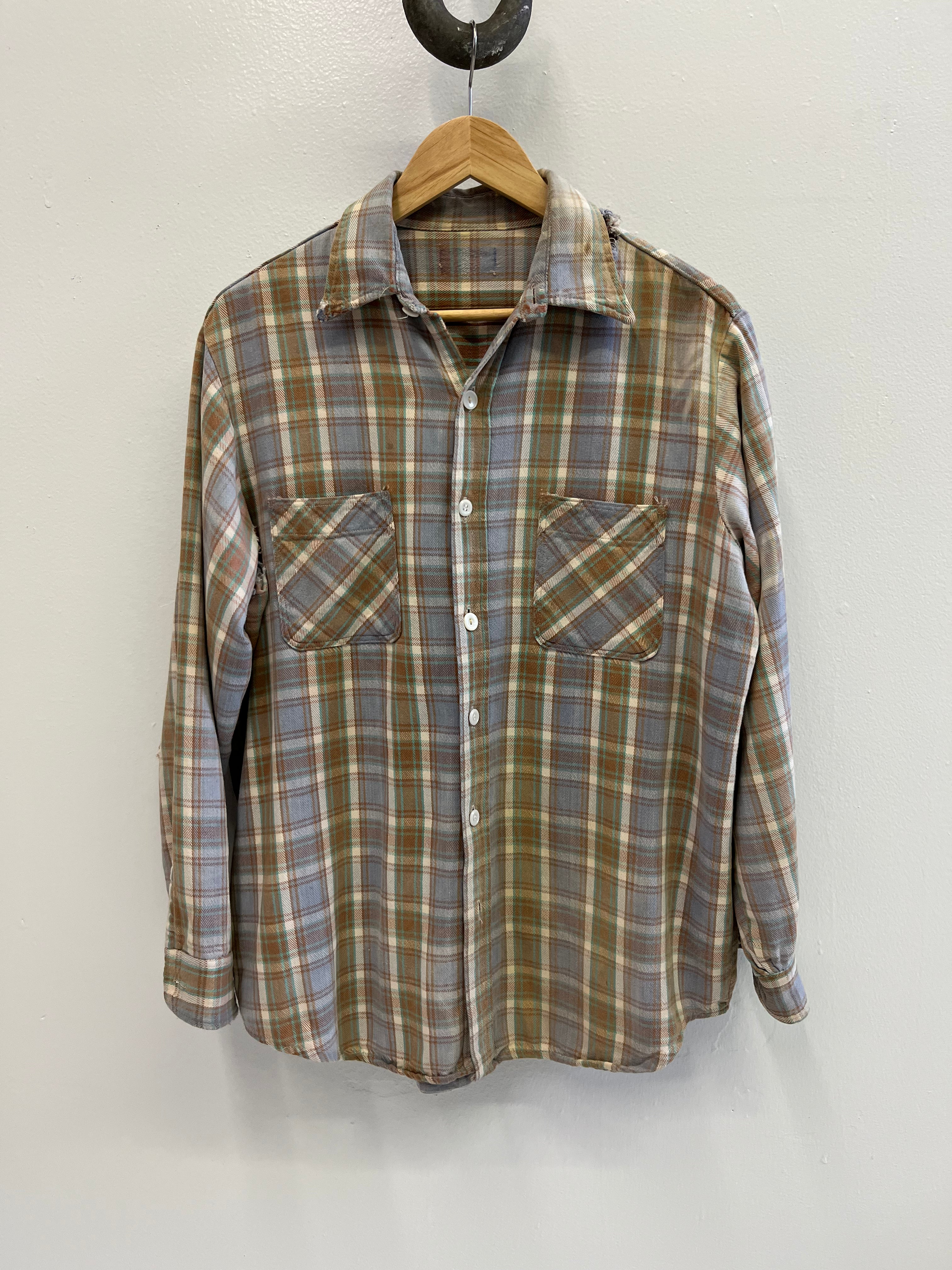 1960/70s Faded & Distressed Cotton Flannel - Periwinkle/Brown/Seafoam - L