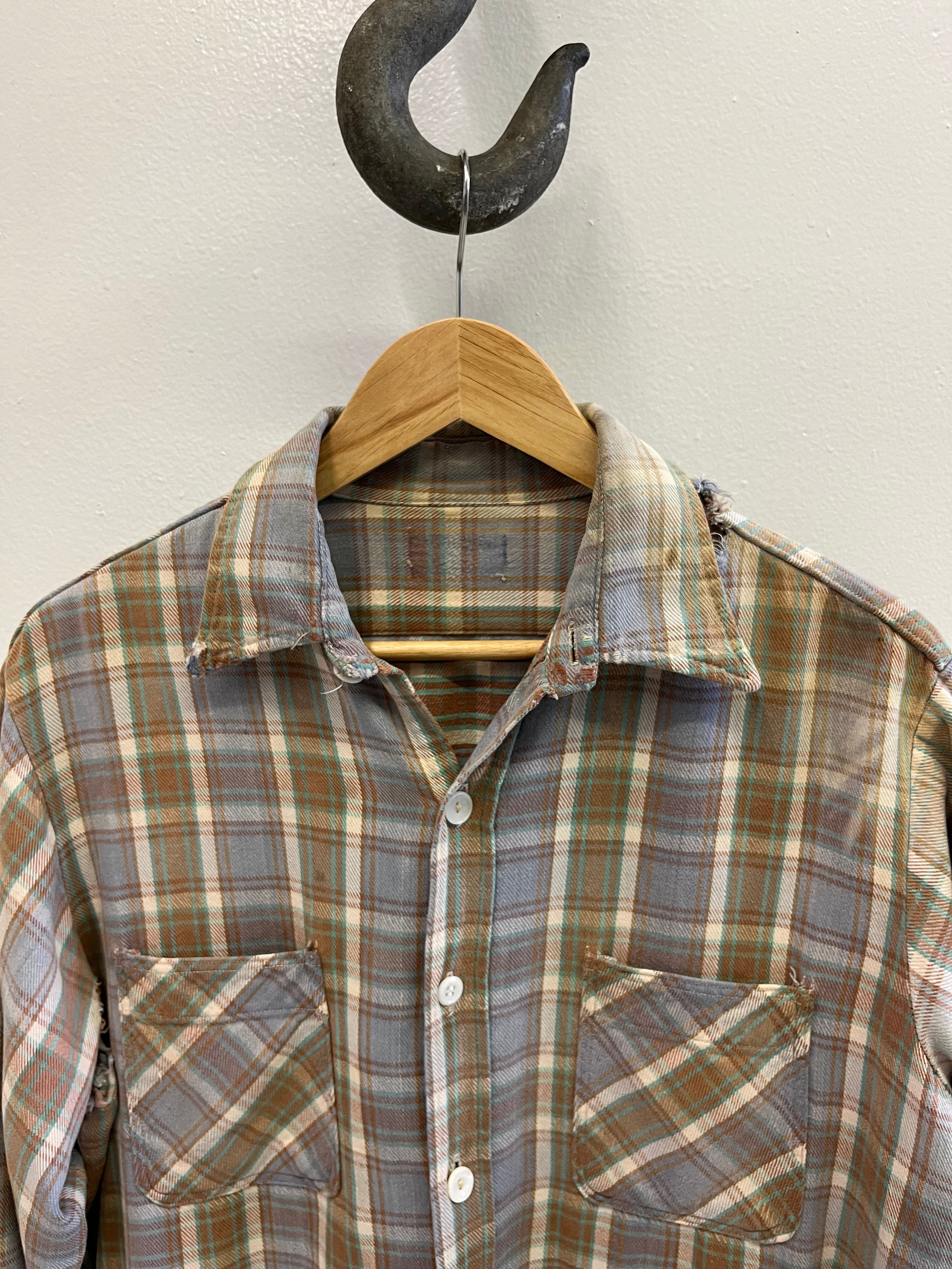 1960/70s Faded & Distressed Cotton Flannel - Periwinkle/Brown/Seafoam - L