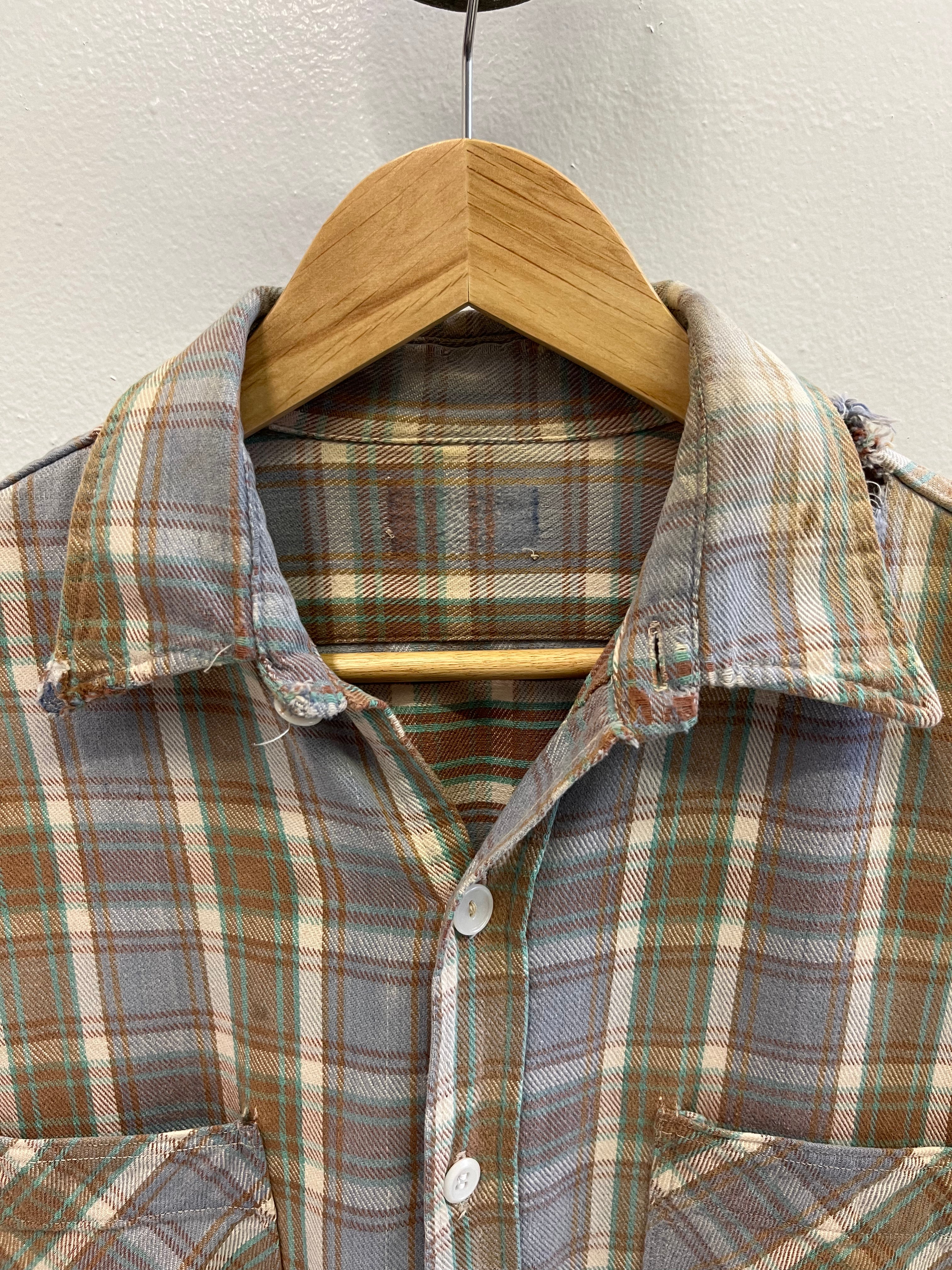 1960/70s Faded & Distressed Cotton Flannel - Periwinkle/Brown/Seafoam - L