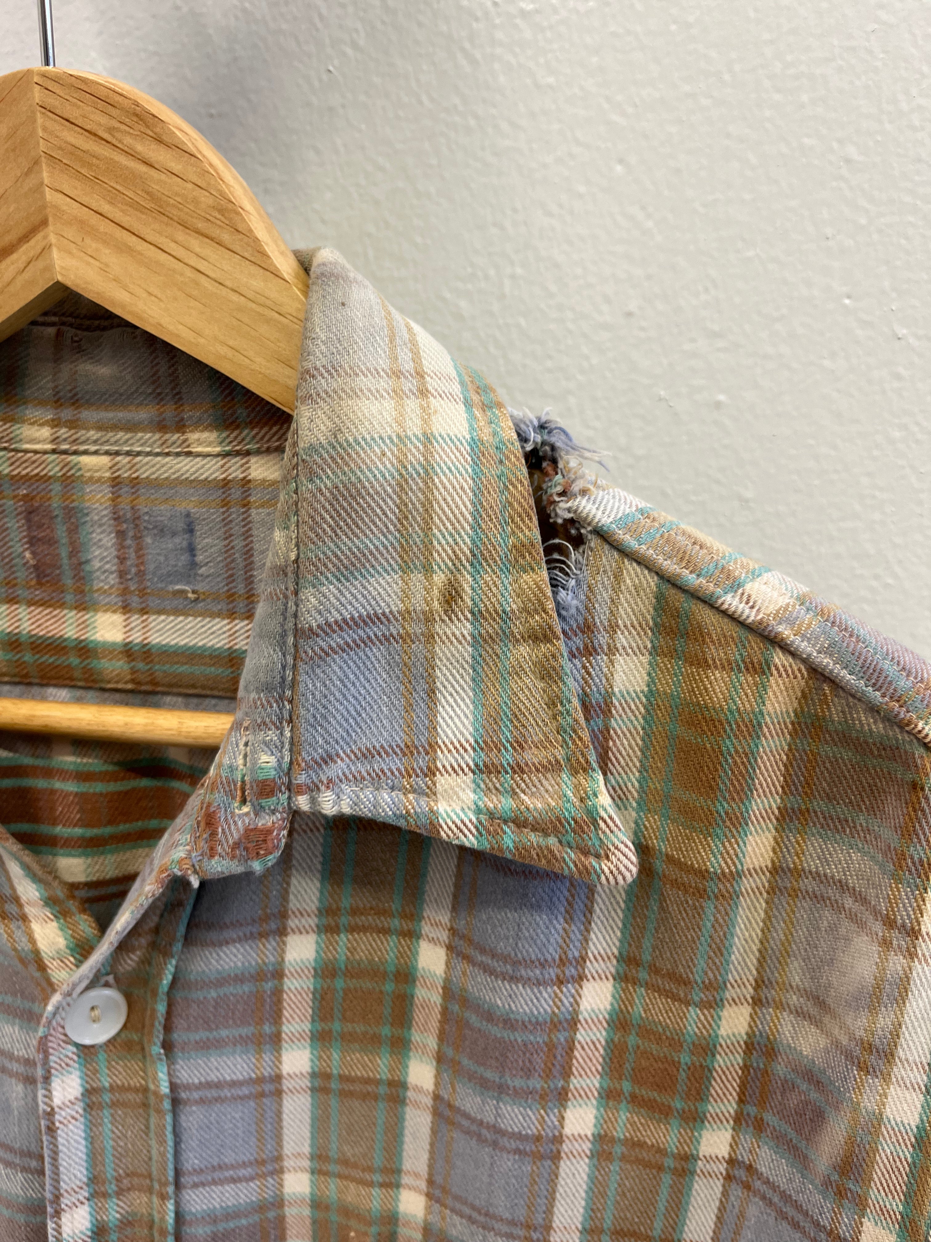 1960/70s Faded & Distressed Cotton Flannel - Periwinkle/Brown/Seafoam - L